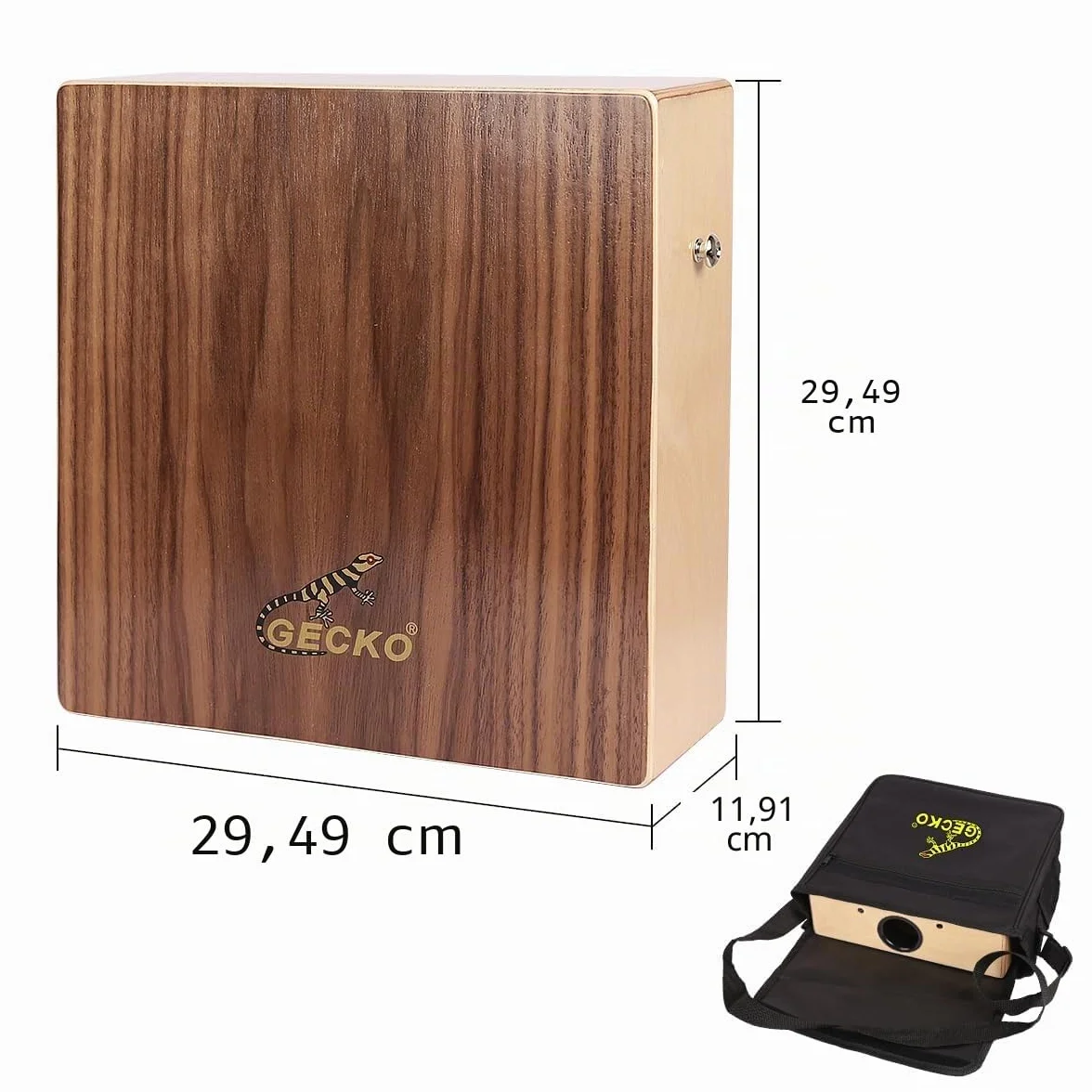 GECKO Cajón de tambor de doble cara de madera con sonidos de bongo y cuerdas de guitarra, percusión manual portátil para principiantes y bateristas profesionales, de abedul y nogal, incluye bolsa de