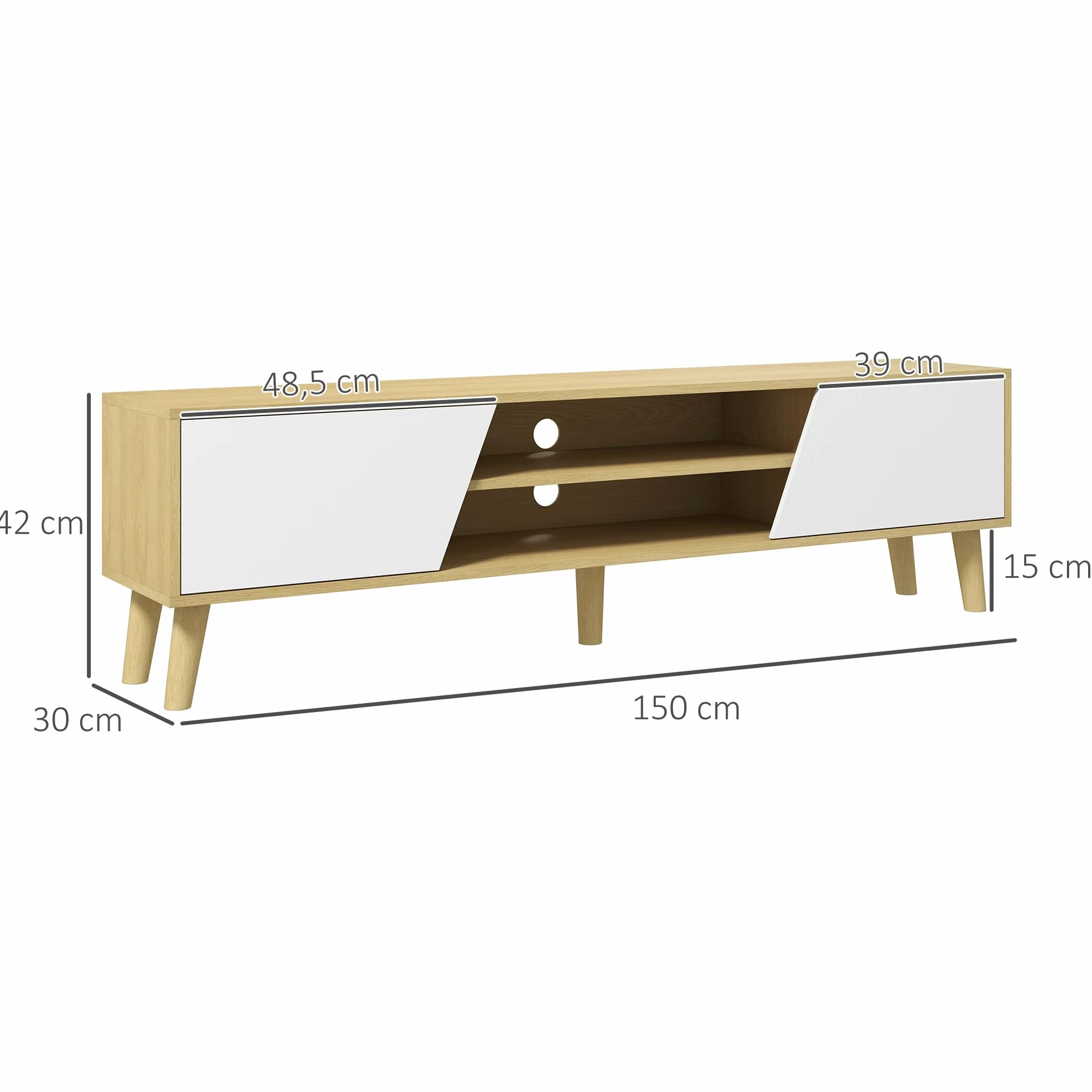HOMCOM Mueble TV Mueble de Salón Mesa para TV con 2 Puertas 2 Estantes y 5 Patas de Madera para Televisores de hasta 65 Pulgadas, Montaje en suelo, 150x30x42 cm Roble