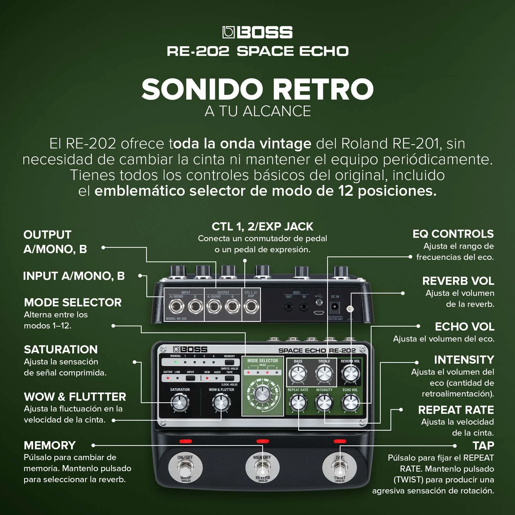 BOSS RE-202 SPACE ECHO – Pedal de efectos de cinta de eco, delay y reverb. Moderna recreación avanzada del mítico Roland RE-201 Space Echo. Estéreo verdadero. Reverb de muelles verdadera.