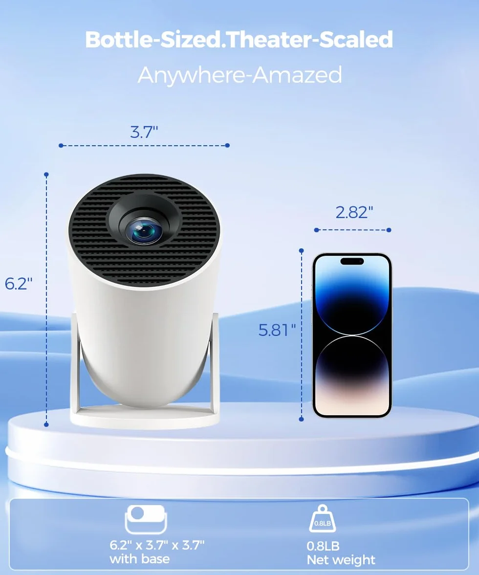 Proyector Portátil con Android 14, Mini Proyector 4k 1080P Full HD Soporte 200ANSI 8000L, Videoproyector WiFi 5G BT 5.4, Cine Projector 180 ° Se Puede Girar para TV Stick Blanco
