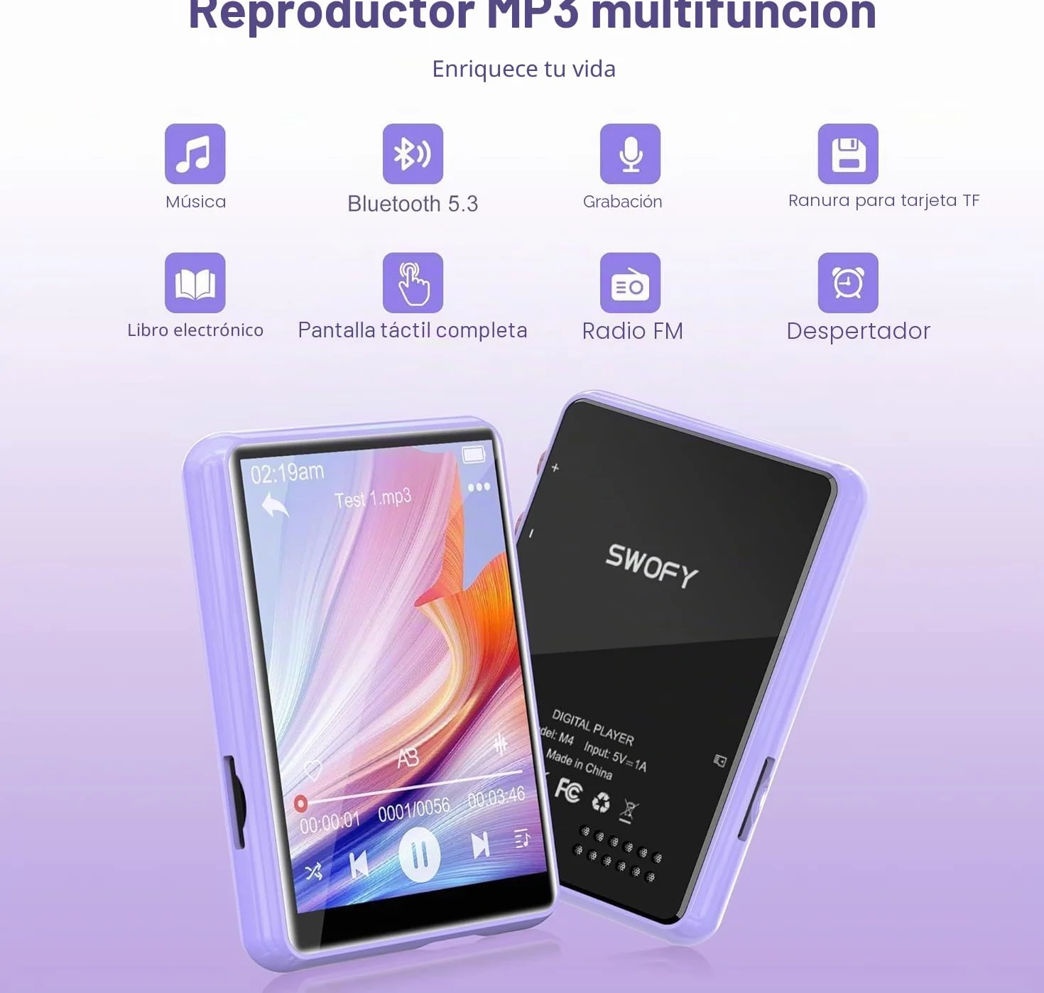 SWOFY Reproductor MP3 Bluetooth 5.3 64 GB Hi-Fi con Pantalla Táctil 2.4 Pulgadas