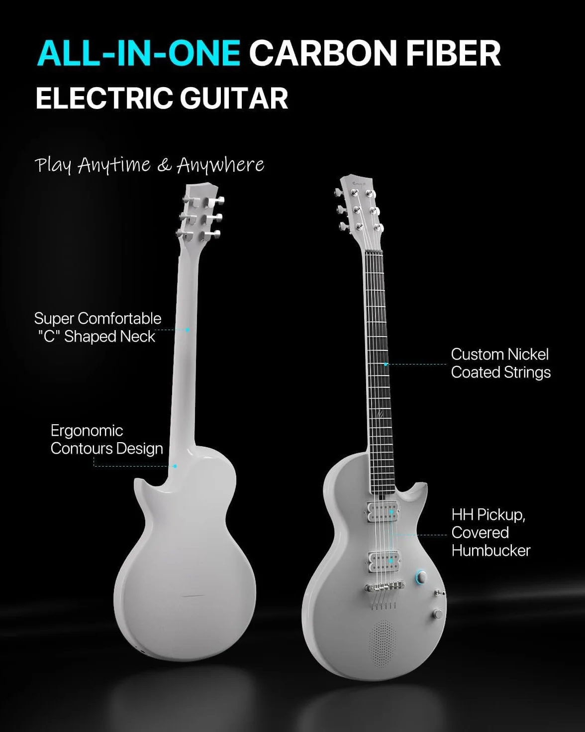 Guitarra Eléctrica Enya Nova-Go Sonic - Guitarra Inteligente de Fibra de Carbono Blanca con Altavoz Inalámbrico de 10 W, Preajustes Integrados, Cable de Carga, Llave de Ajuste y Bolsa de Transporte