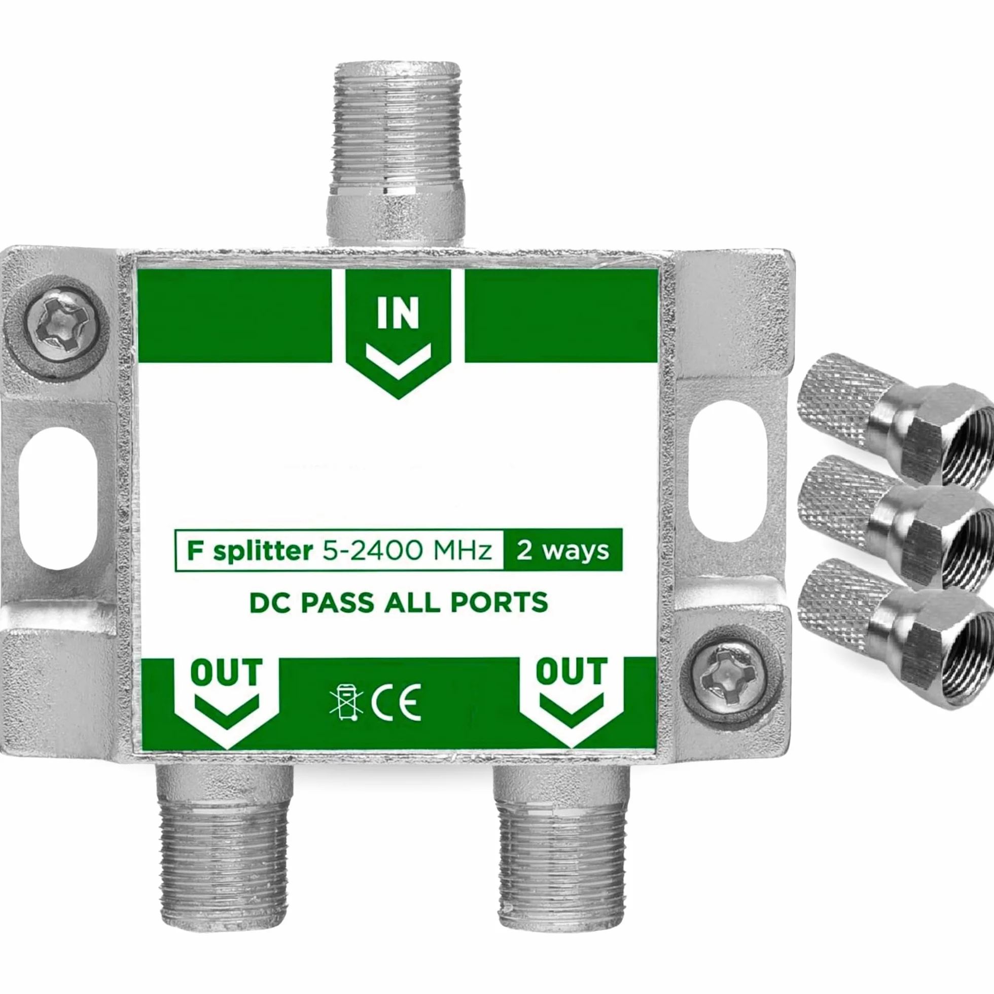 TECHZOCO Repartidor de 2 Salidas, Distribuidor 2 Salidas, Repartidor Serie Class A, 5-2400 MHz, Apto para Bandas de frecuencia Dab, FI, FM, UHF, VHF, Incluye 3 Conectores F, 2 Salidas
