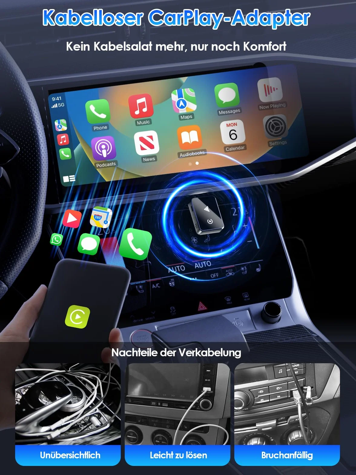 Adaptador Inalámbrico 2 en 1 para CarPlay/Android Auto, PARPAT 2025 Conversión Mejorada de Cable a Inalámbrico con USB/Tipo-C, Conexión Estable y Sin Retrasos, Compatible con iPhone/Android (K3)