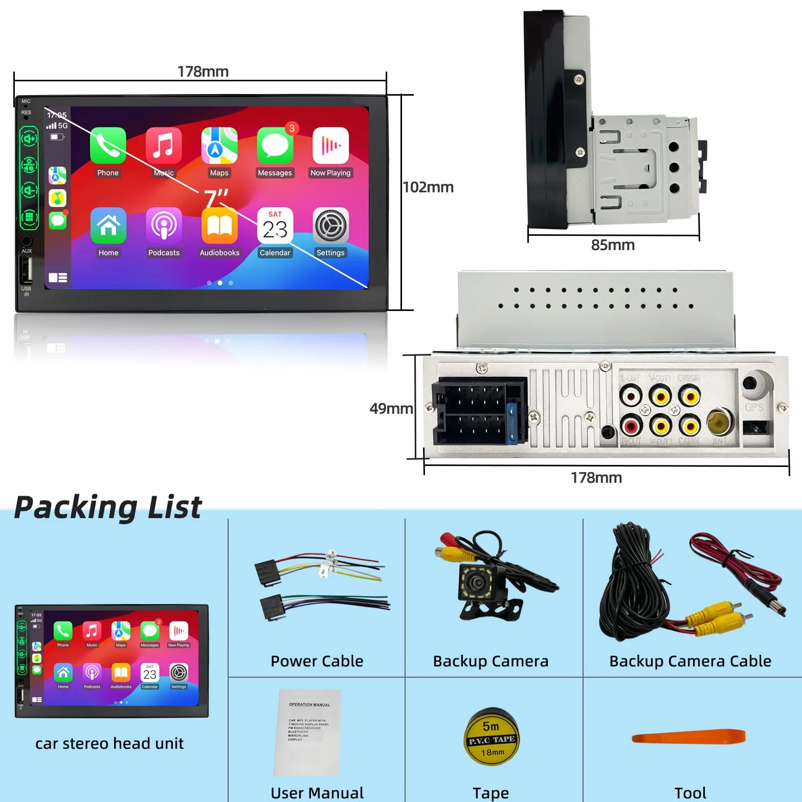 Radio Coche 1 DIN con CarPlay y Android Auto - Pantalla Táctil de 7 Pulgadas, Autoradio con Bluetooth y Soporte Mirror Link para iOS/Android con Cámara de Respaldo
