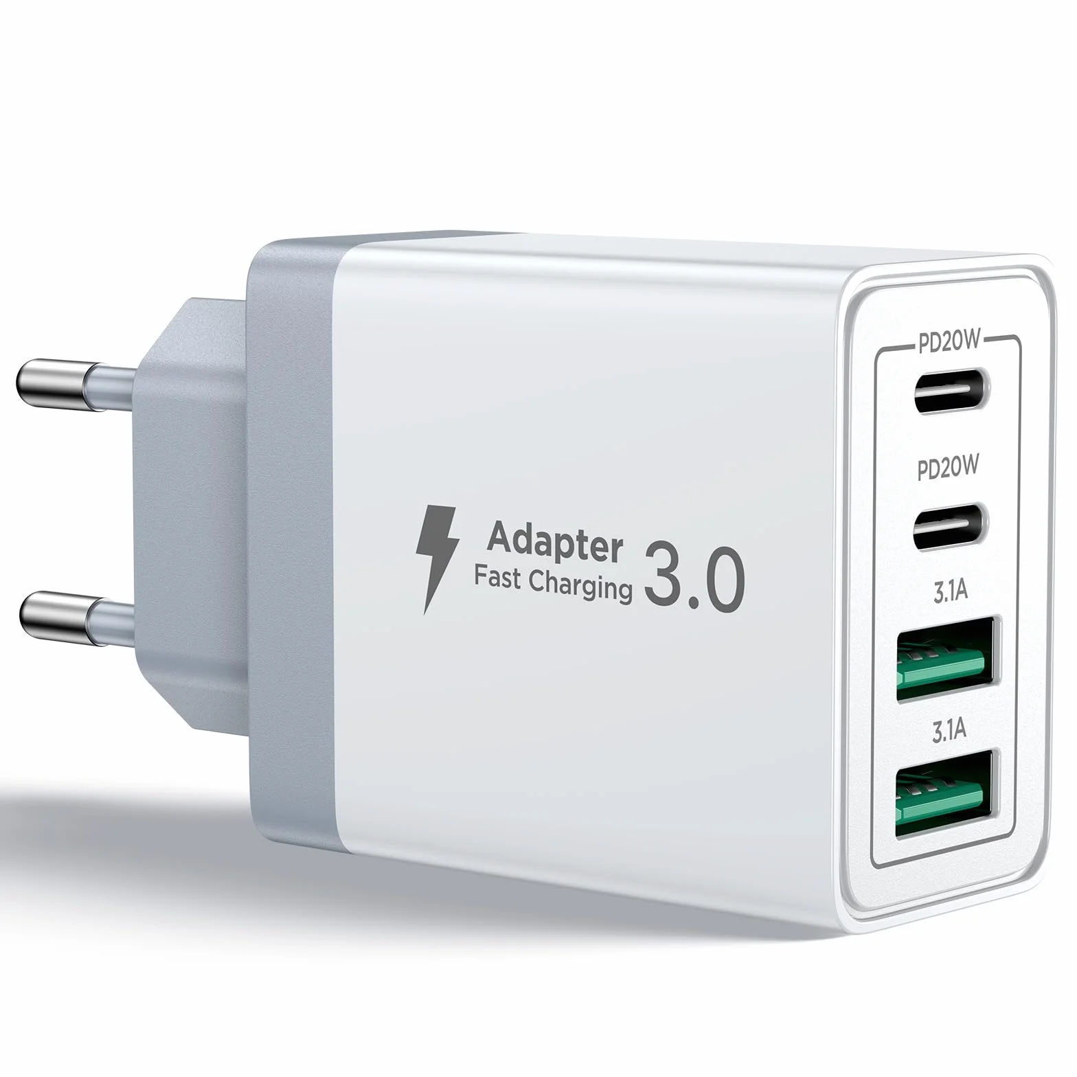Aioneus Cargador USB C 40W 4 Puertos Carga Rápida QC+PD Pared Adaptador Tipo C para iPhone iPad Samsung