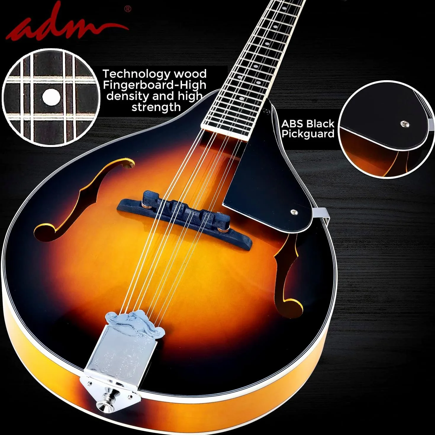 ADM Sunbrust - Kit de instrumentos de mandolina acústica, estilo A para niños, estudiantes, adultos, mandolinas de madera, juego para principiantes con bolsa, afinador, ecualizador, correa, cuerdas