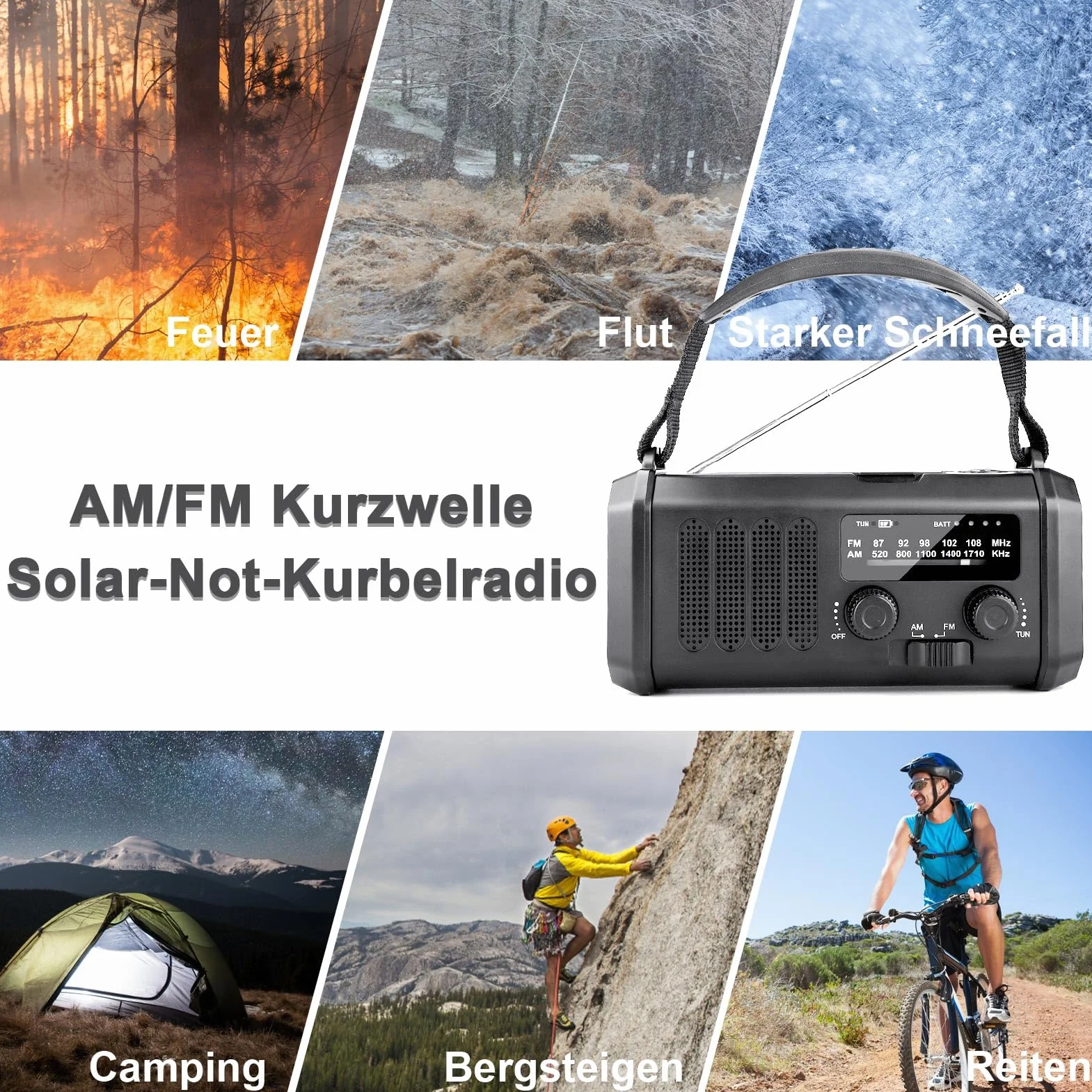 YIKANWEN Radio de manivela recargable 20000mAh, AM FM, Banco de energía, luz LED, Alarma SOS, brújula, Negro