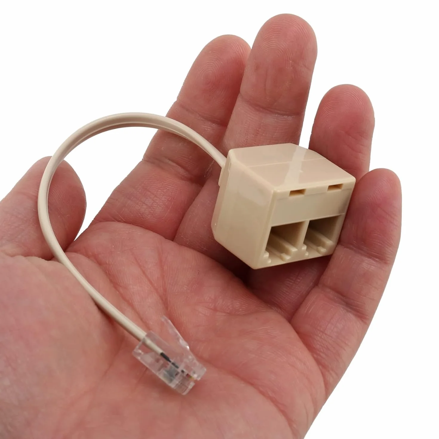 Adaptador Divisor de Teléfono RJ11 Macho a Doble RJ-11, Bifurcador Splitter 6P4C, Cable 10 cm, Plástico, Beige