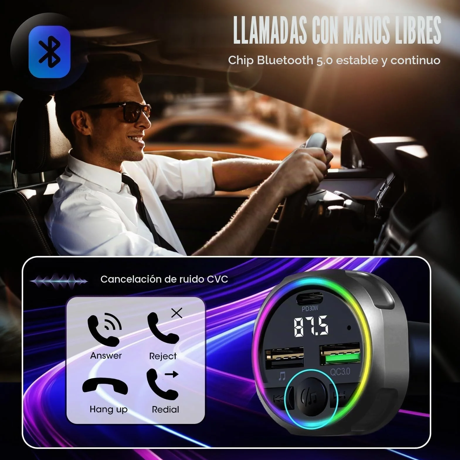 Transmisor Radio FM Bluetooth 5.3 Coche, USB C PD 30W + QC3.0 48W Cargador Coche Rápido, Receptor Parrot Manos Libres,Adaptador de Audio MP3, para Teléfono Móvil/Unidades Flash USB,Conectar y Usar