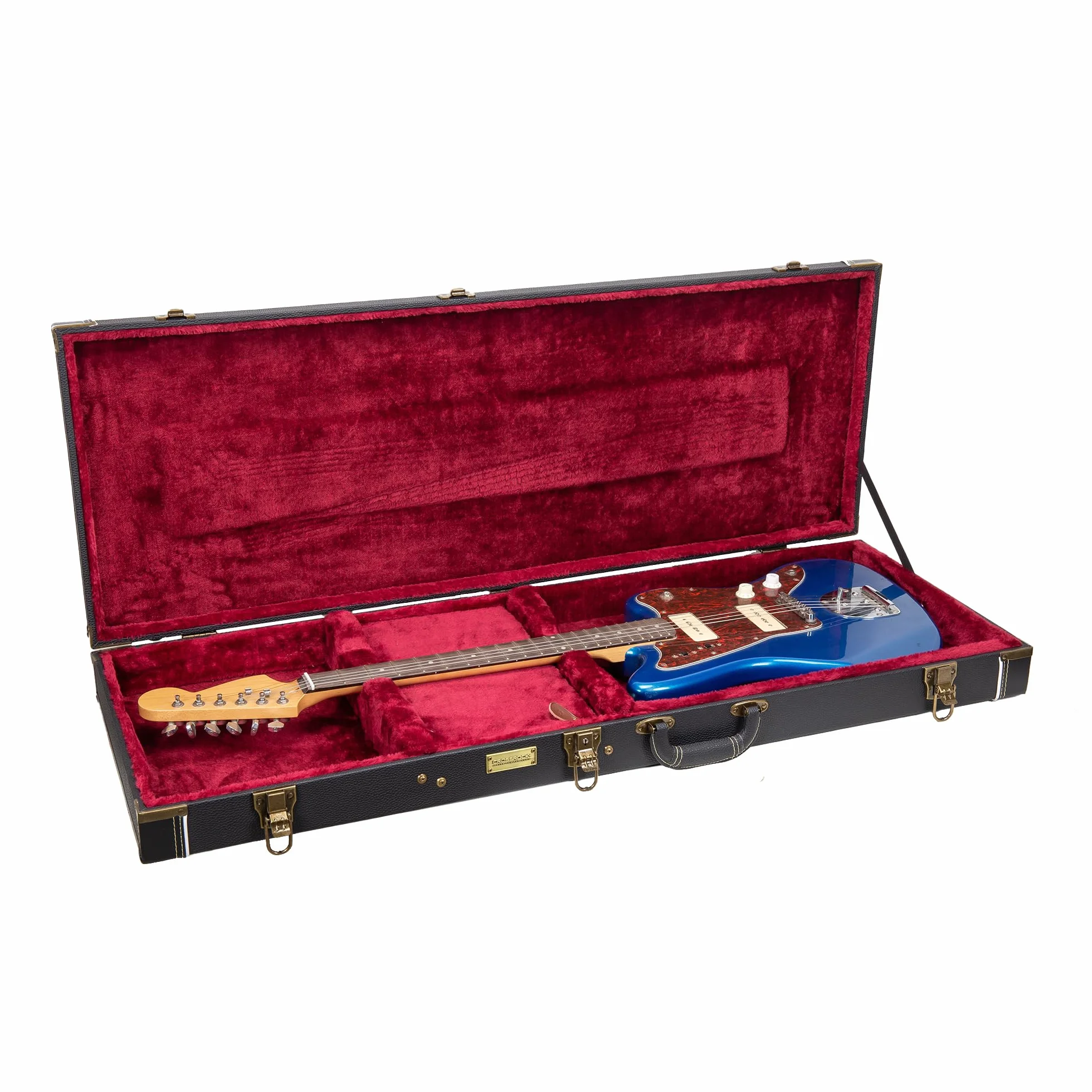 Crossrock Funda de Madera para Guitarra eléctrica Jazzmaster (Estilo Moderno) y Jaguar, Acabado Negro, herrajes Vintage, Forro de Esponja, Compartimento de Almacenamiento, Black, Jazzmaster
