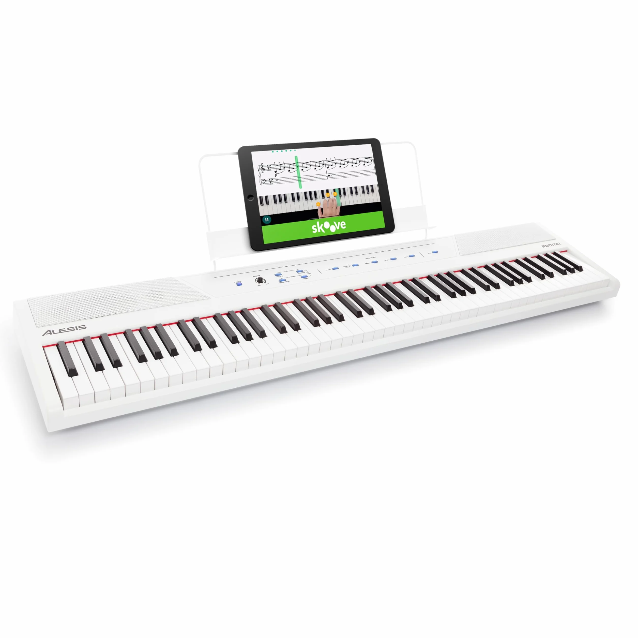 Alesis Recital Piano Eléctrico 88 Teclas Semi Contrapesadas con Altavoces, Lecciones de Piano, Metrónomo y 5 Kits de Sonidos - Blanco