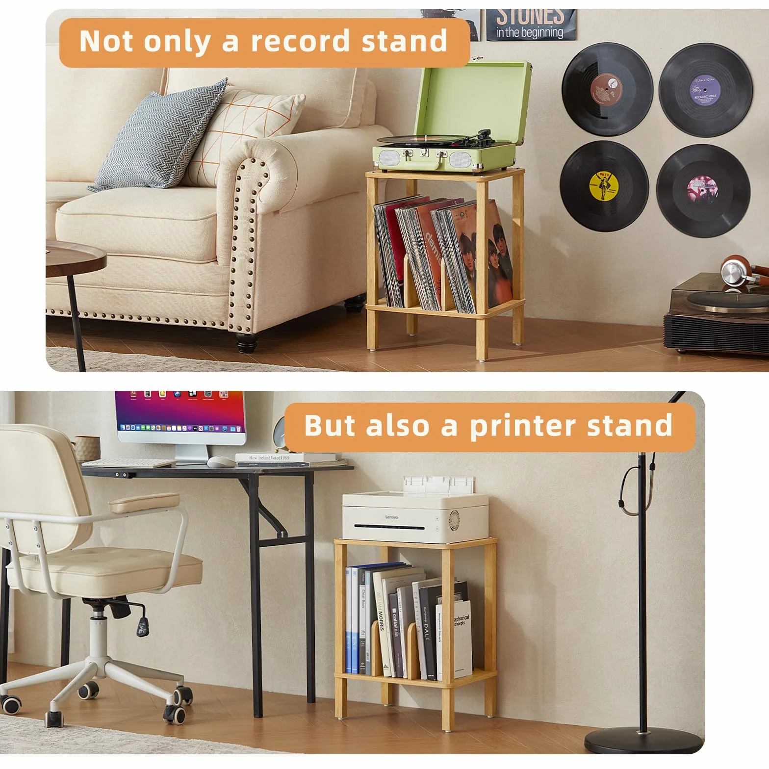LELELINKY Soporte giradiscos de bambú de 2 Niveles con Estuche para Discos de Vinilo de hasta 100 álbumes, Mesa de Centro Multifuncional para el salón,Madera Natural