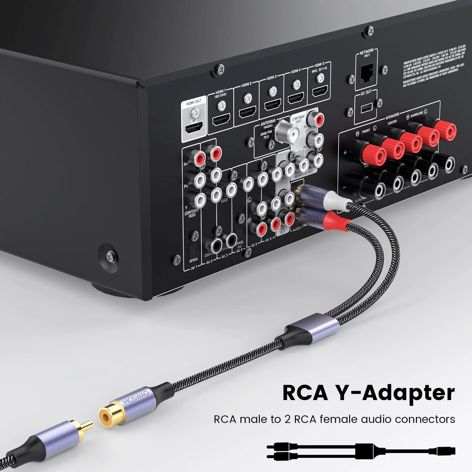 MOSWAG Divisor RCA de 1 hembra a 2 macho, 2 unidades, RCA Y Splitter Audio Video Cable adaptador divisor para amplificadores, consolas de juegos, reproductor de CD, subwoofer, cine en casa, HDTV