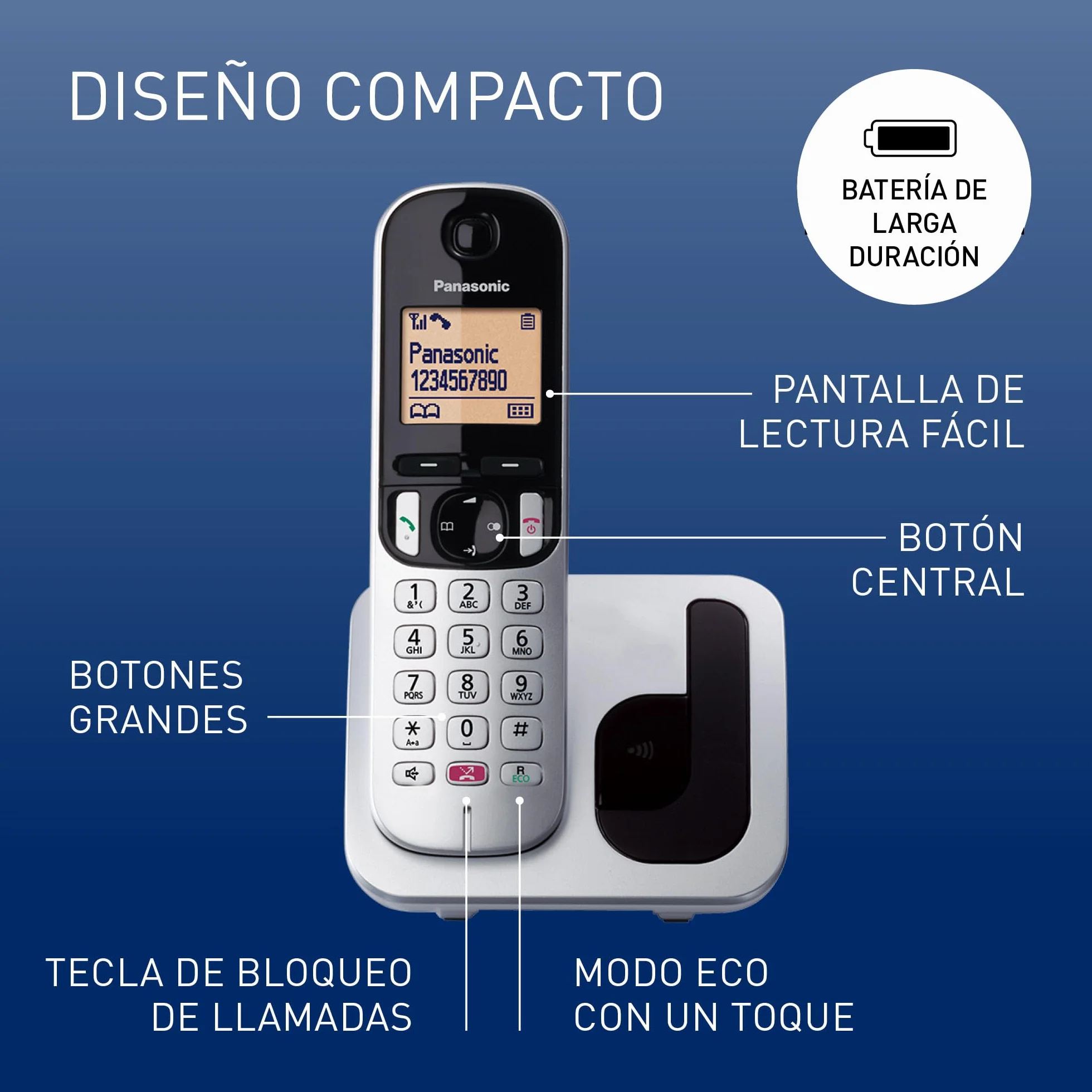 Panasonic KX-TGC252SPS Teléfono Inalámbrico Digital, Base y 2 Auriculares, Identificador de Llamadas, Altavoz, Modo Ecológico, Pantalla LCD, Plateado