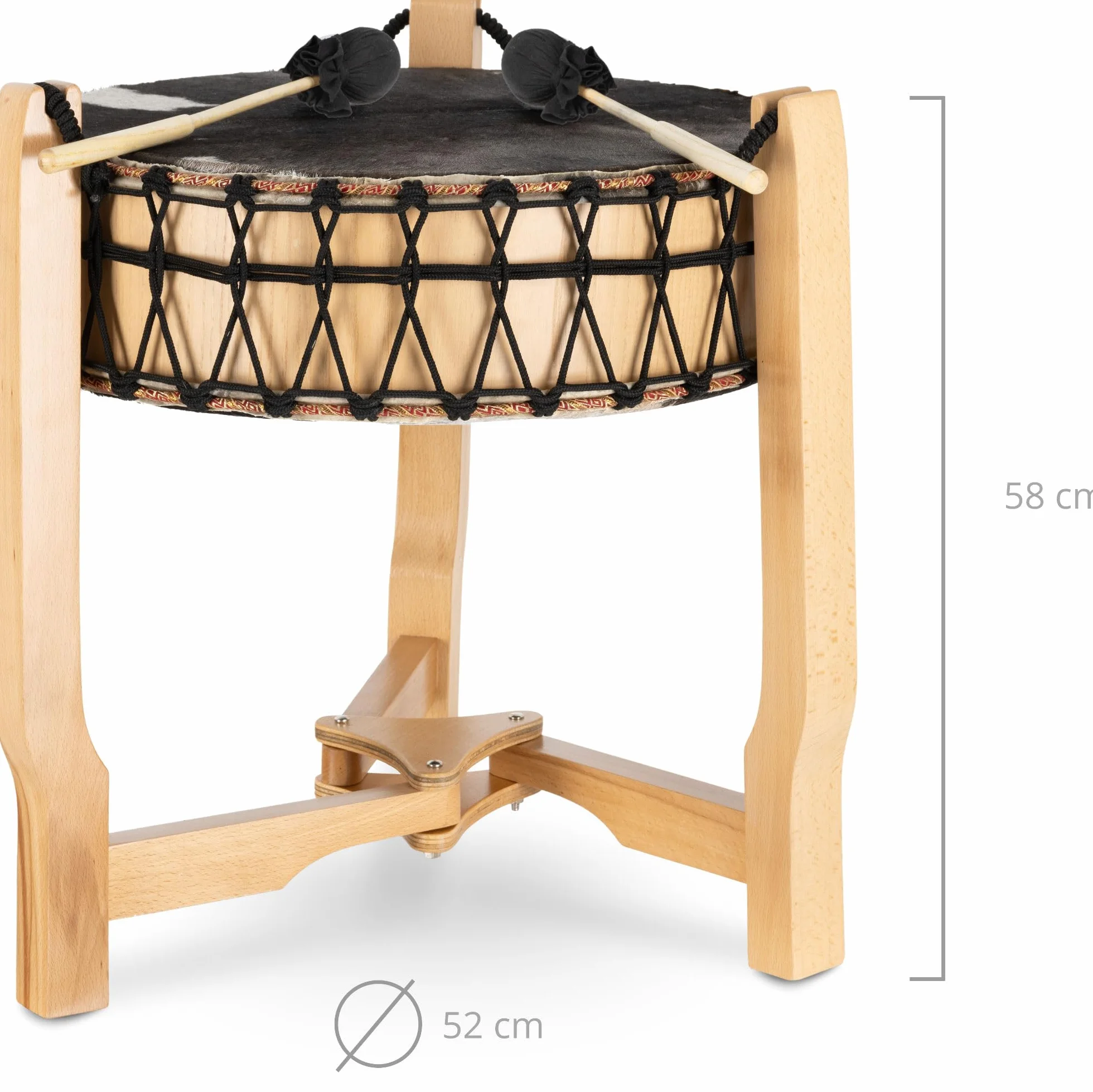 Cantabile Tambor chamánico 20" — tambor ritual y de meditación con piel de cabra en ambas caras; incluye soporte 3 patas, funda acolchada y 2 mazas de fieltro. Sonido resonante y profundo. Natural.
