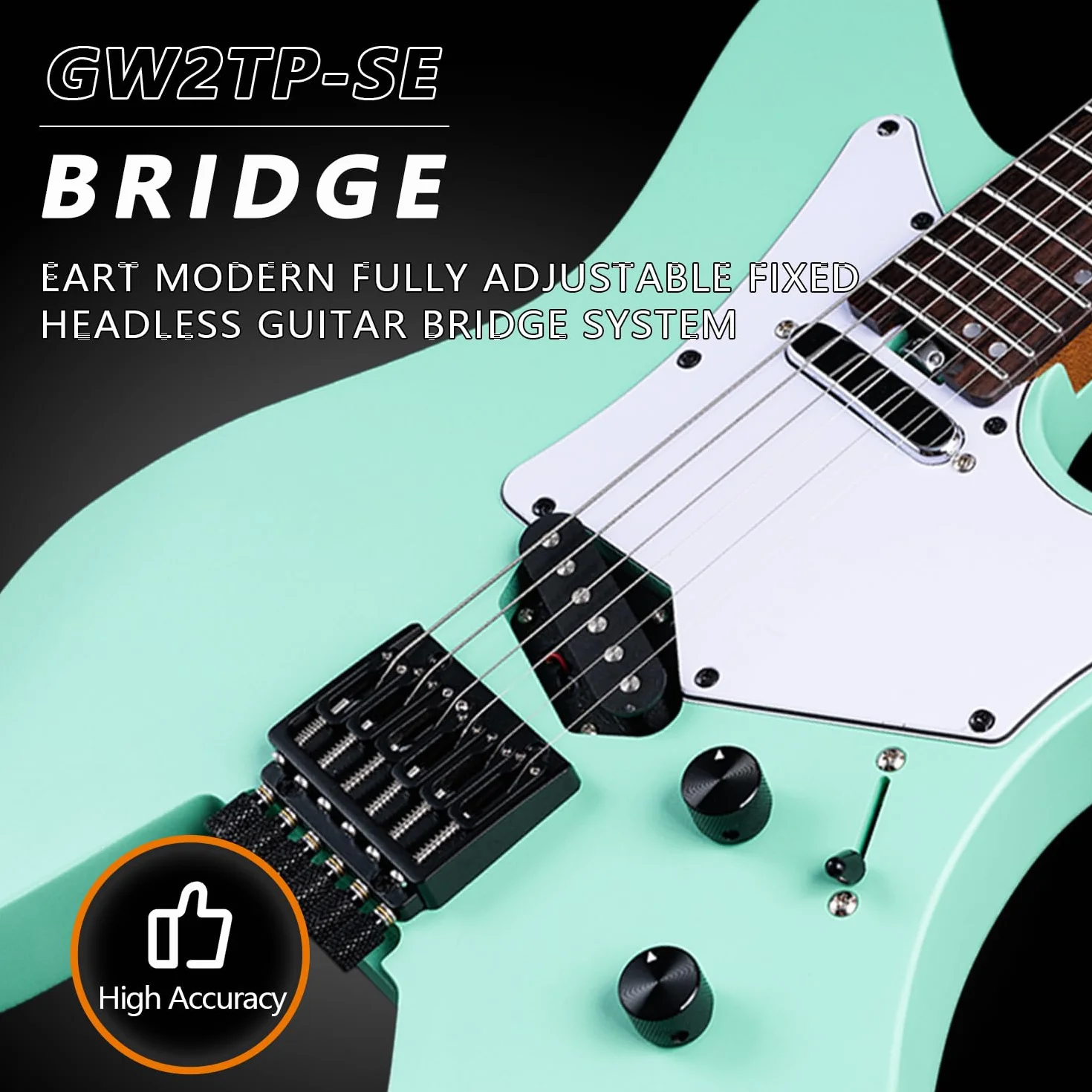 EART GW2TP-SE Guitarra eléctrica sin cabeza con cuerpo de caoba tostada, pastillas Artones-TSE, extremos redondeados, trastes medianos jumbo de acero inoxidable (verde)