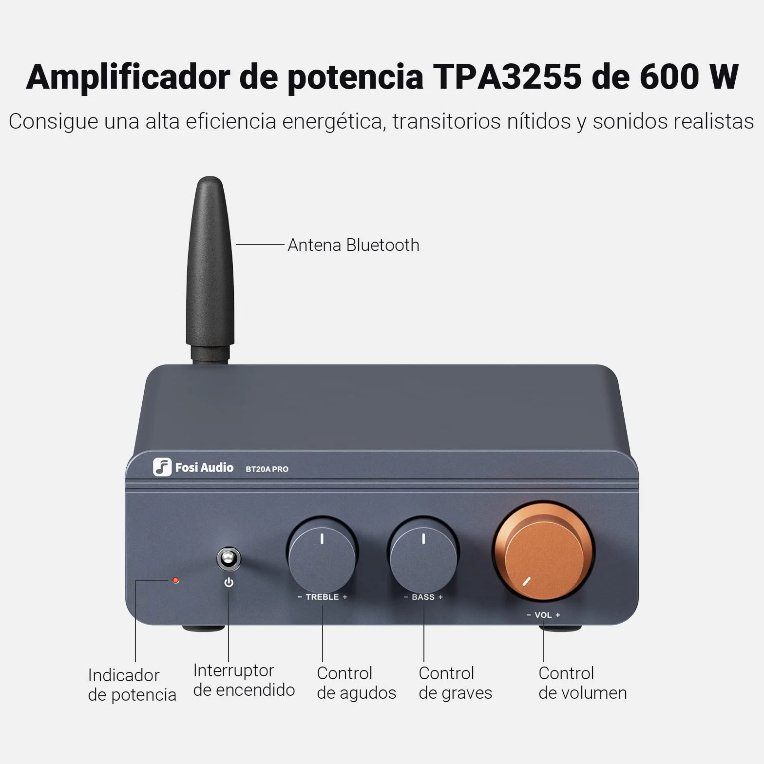 Fosi Audio BT20A Pro Amplificador HiFi, Mini Amplificador 300Wx2 con Bluetooth y Chip TPA3255, Stereo Audio Amp Clase D Estéreo 2.0 Canales, Ajuste de Graves y Agudos, Ampli de Potencia HiFi