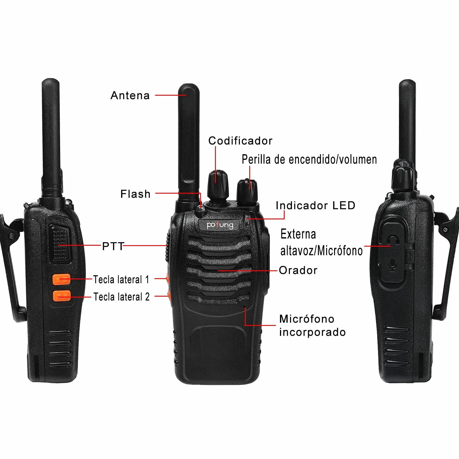 Walkie Talkie PMR446 Licencia Libre Pofung PT88E Radio Comunicador, 16 Canales Walkis Profecionales 1500mAh Walkie Talkie Largo Alcance Radio Portátil,para Adultos Senderismo (Negro, 4 Piezas)