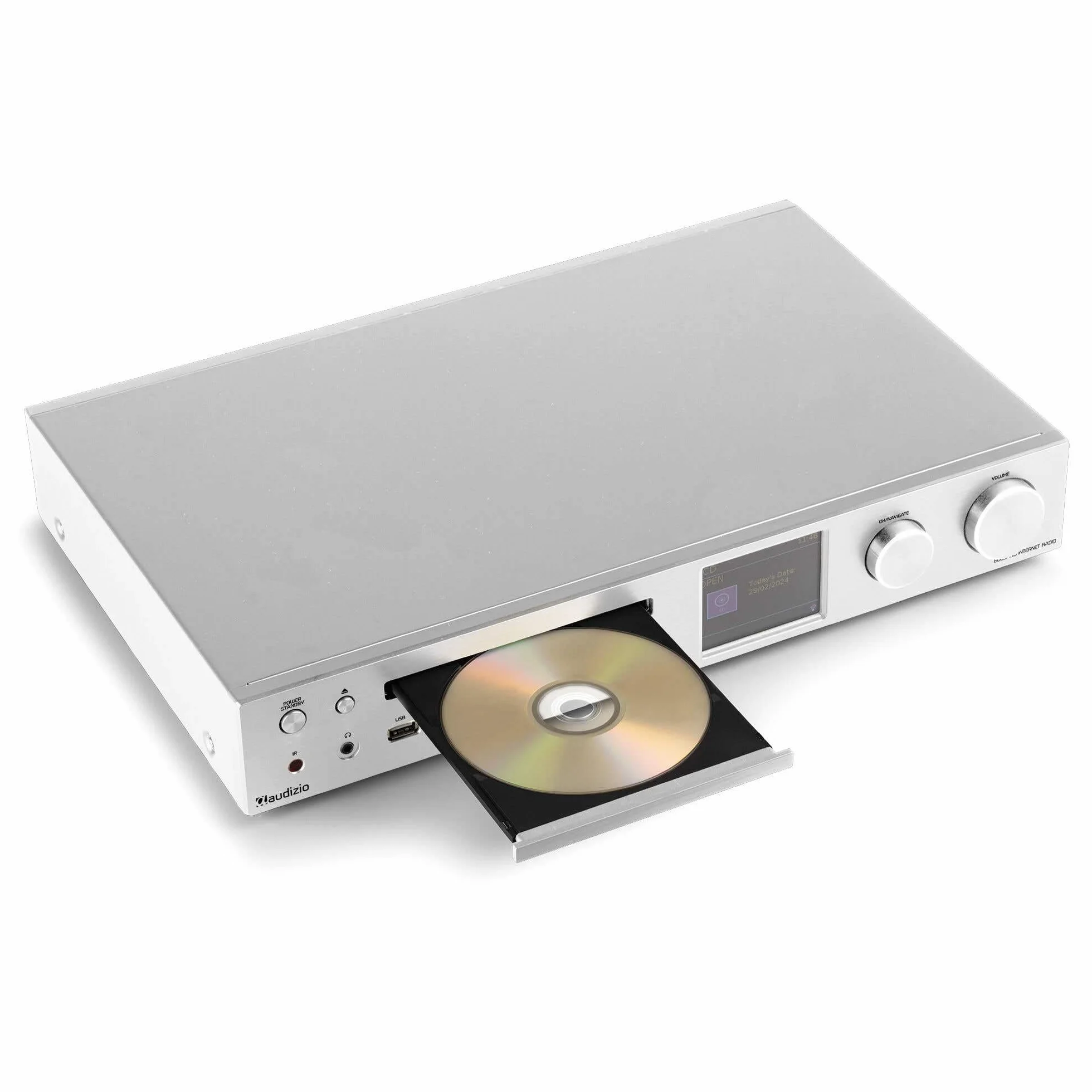 Audizio Bolzano - Radio Internet Dab+ y FM WLAN Bluetooth, Reproductor CD, Spotify Connect, Despertador, 40.000 emisoras, Mando a Distancia y Control por App, conexión Toslink y subwoofer, Plateada