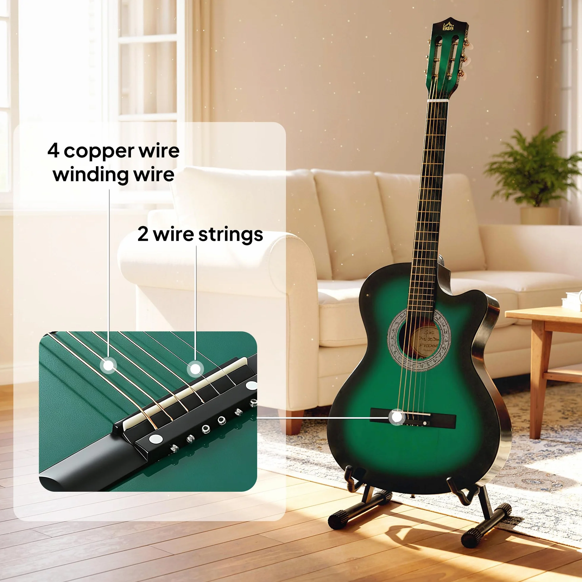 Guitarra acústica eléctrica HOMCOM de 38 pulgadas, guitarra clásica para principiantes y adultos jóvenes, acabado brillante, con estuche de transporte, correa, púas y cuerdas de repuesto - Verde