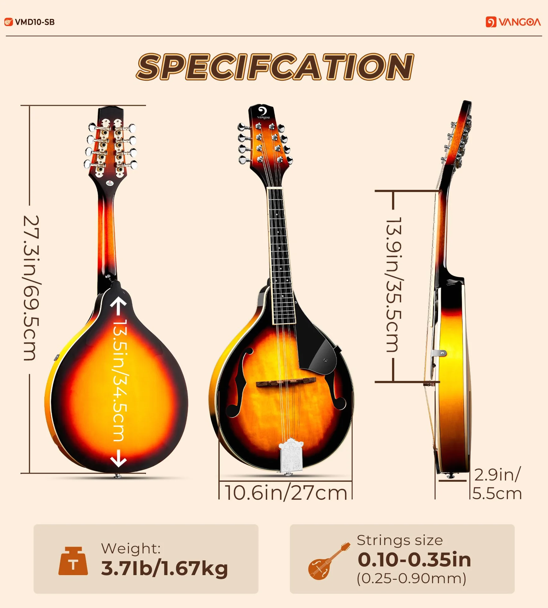 Vangoa Mandolina de 8 Cuerdas Acústica A-Estilo Tradicional Bluegrass Instrumento de Mandolinas para Principiantes, Sunburst