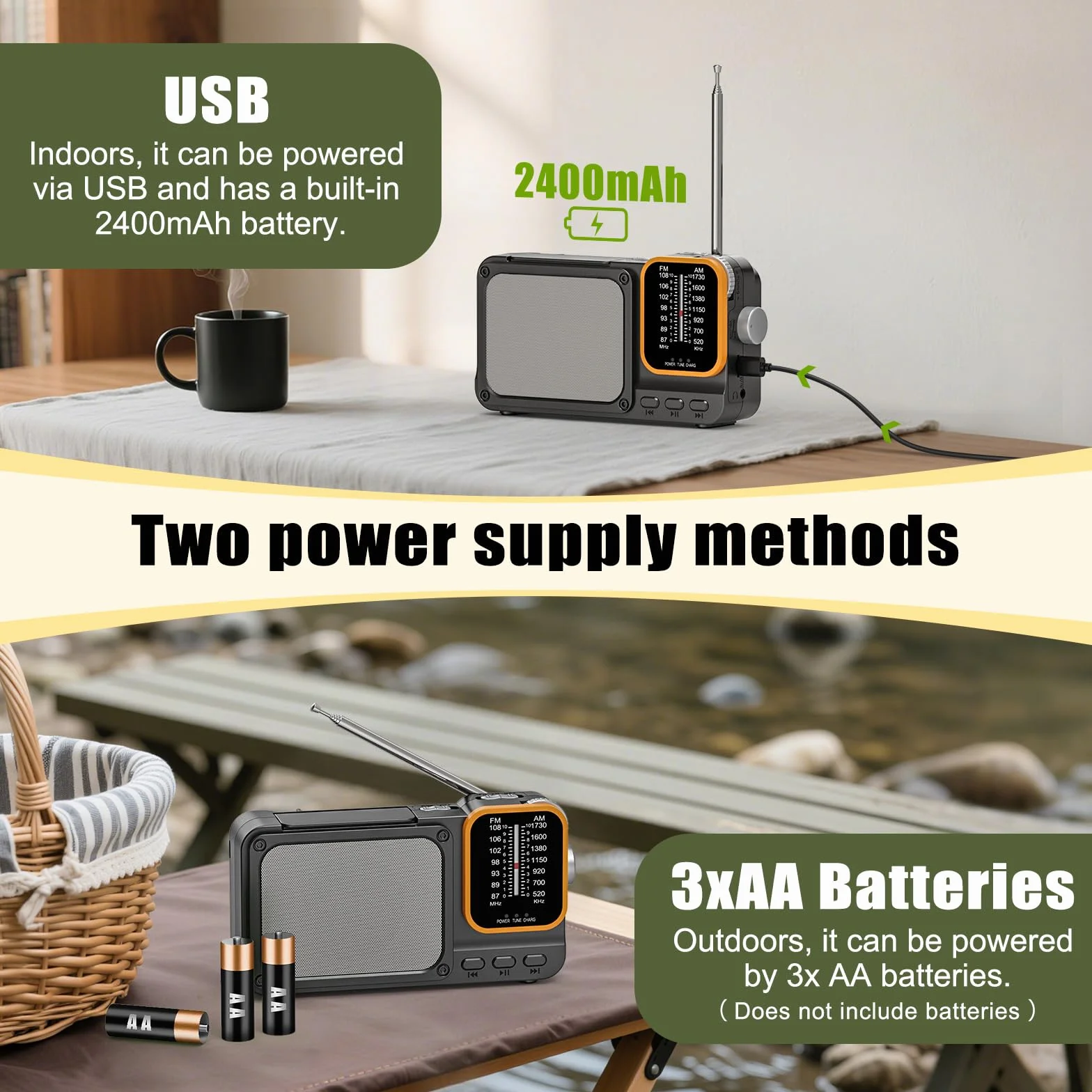Tendak Radio portátil FM AM 2400 mAh, batería recargable, Bluetooth, TF, USB-C, lámpara