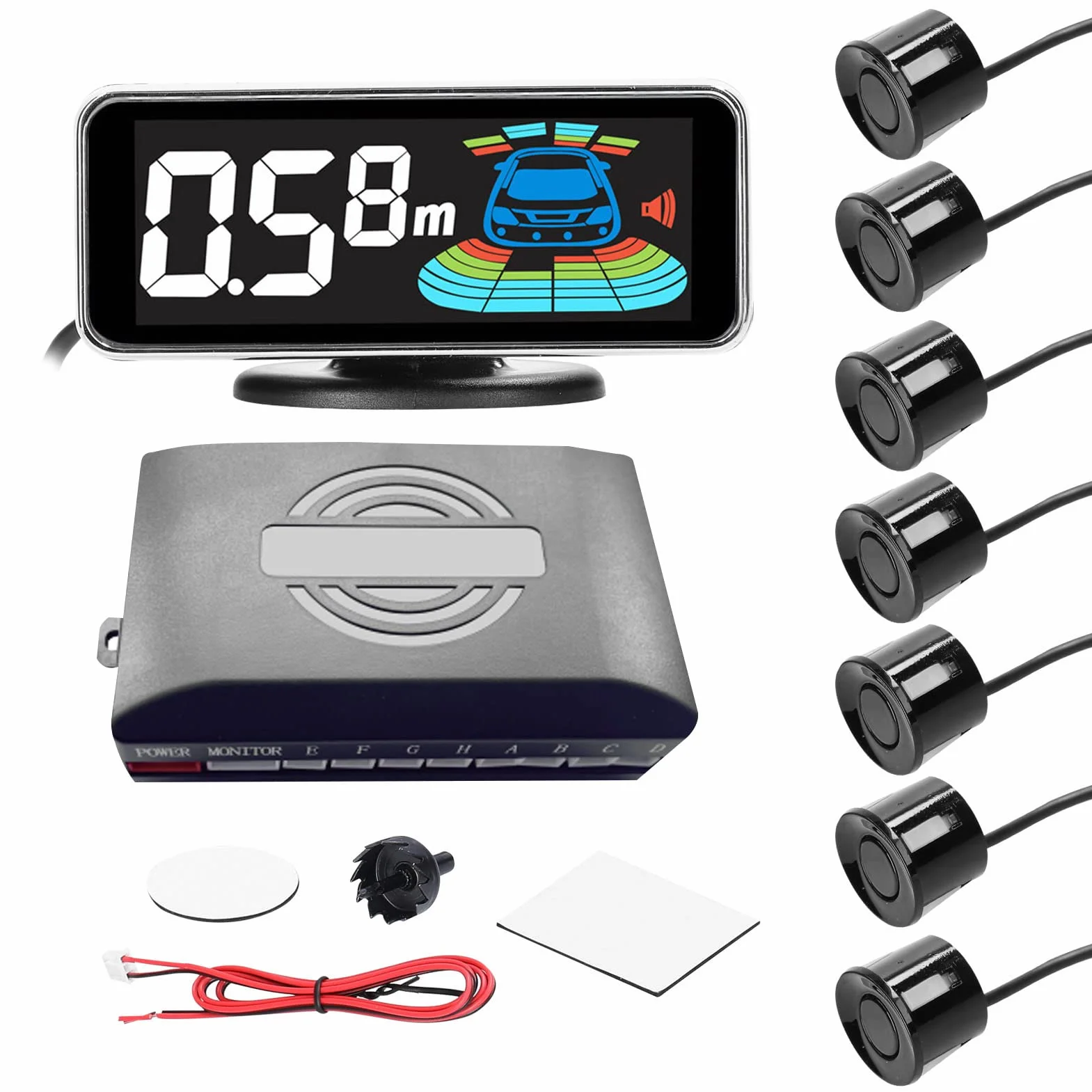 Shkalacar Sensores Aparcamiento Coche, Aparcamiento Coche Kit con 8 Sensores, Sensor Aparcamiento Coche Detección de Distancia, Pantalla LCD de Distancia, Zumbador de Advertencia de Sonido