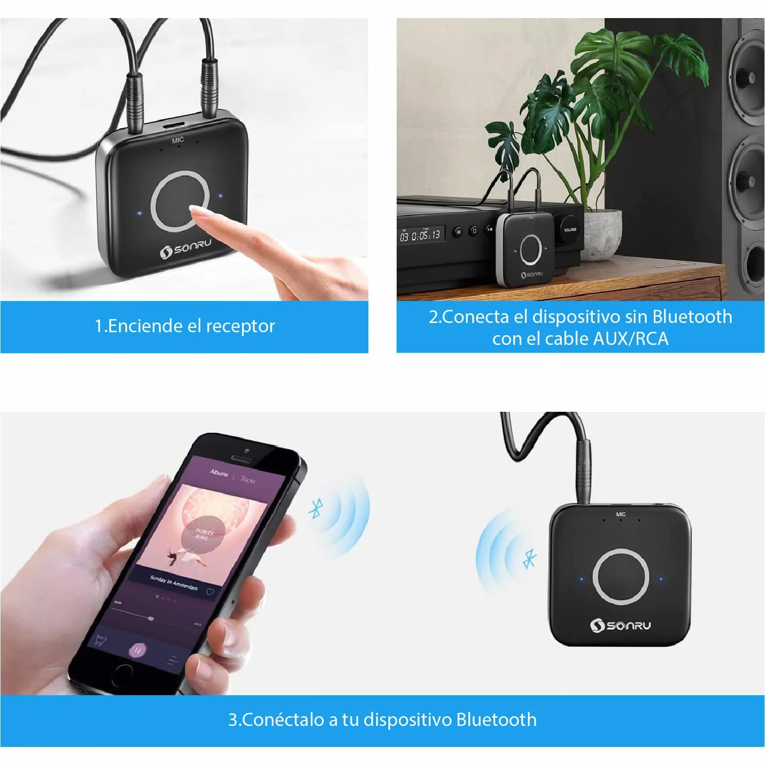 Receptor Bluetooth 5.3 HiFi, SONRU Adaptador Bluetooth Audio Inalámbrico Jack 3.5mm RCA Cable Salida AUX Dual para Estéreo Domestico/Altavoz/Amplificador