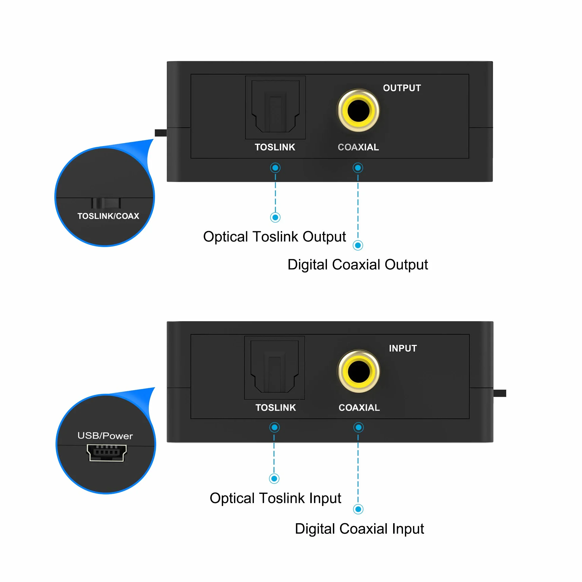 Portta Optical TOSLINK a Coaxial O Coaxial SPDIF a Toslink Convertidor de Audio Digital Bidireccional 2 vías SPDIF