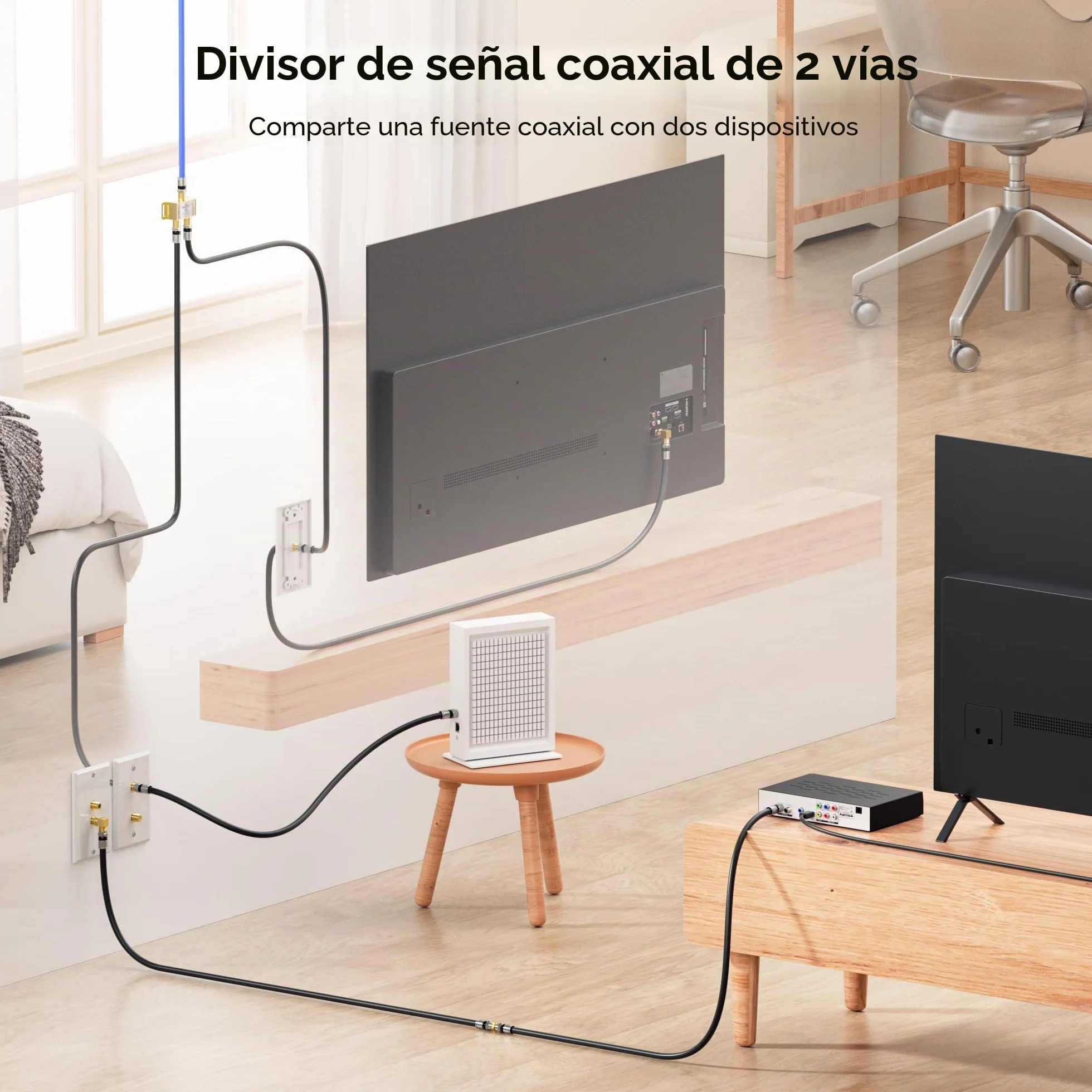 Cable Matters Paquete de 2 Divisores de Cable coaxial bidireccional de 2,4 GHz para televisión STB, Antena y Red Moca - Paso de energía por Todos los Puertos