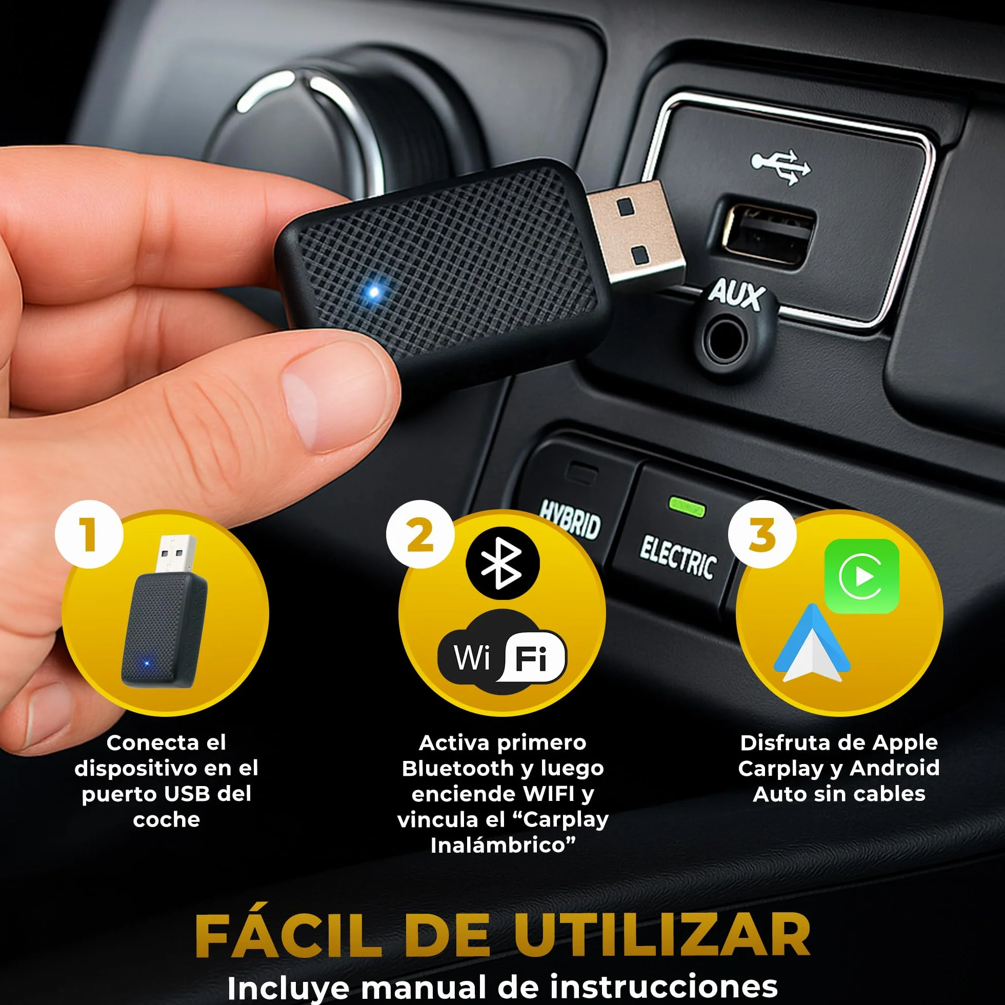 Adaptador USB CarPlay Inalámbrico 2 en 1, Receptor Auto iPhone, Android Auto, Compatible iOS 10+ Android 11+