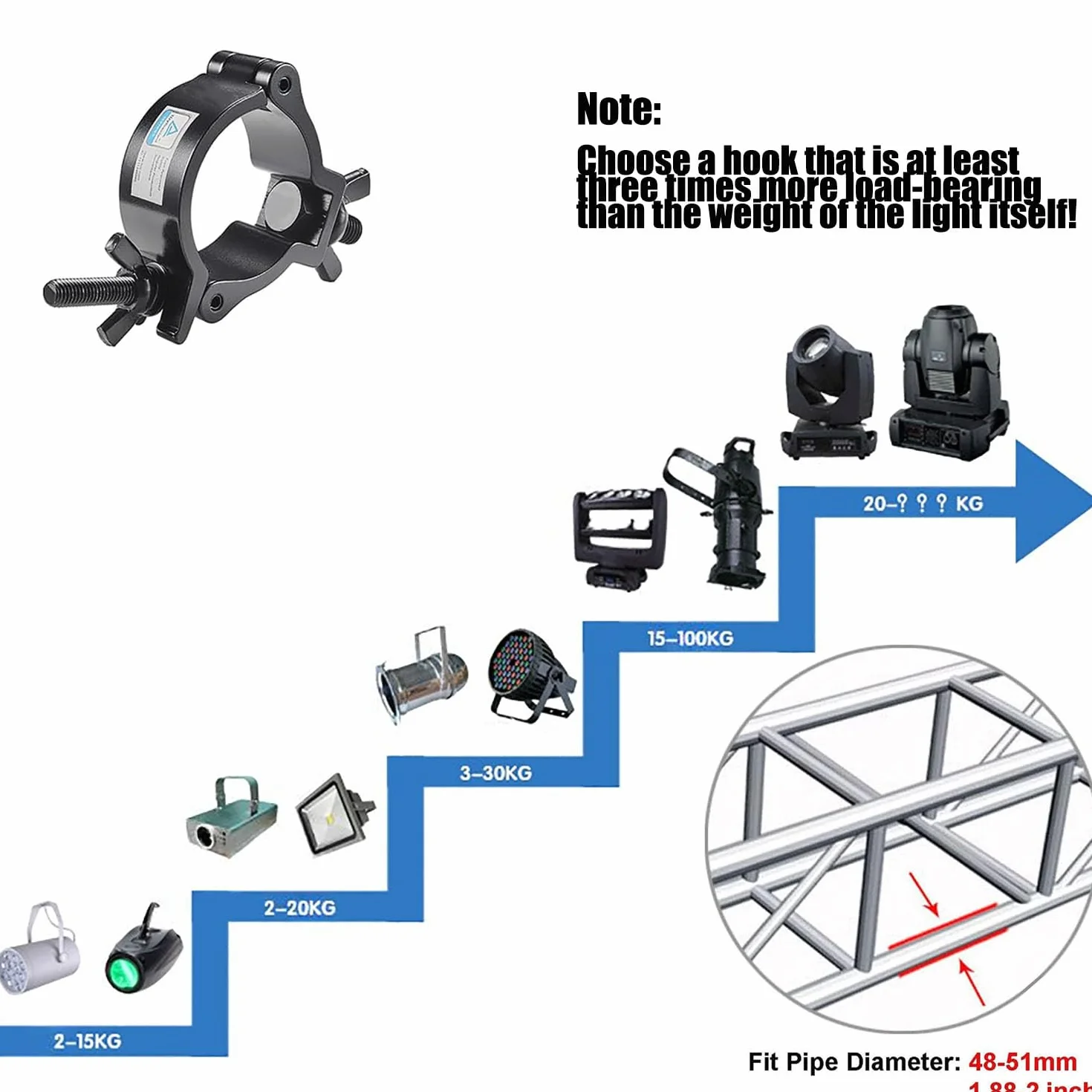 10 Piezas Abrazadera para Luces de Escenarios,Truss O Clamps Negro Aluminio,Máxima de 100kg para 48-51mm Tubo