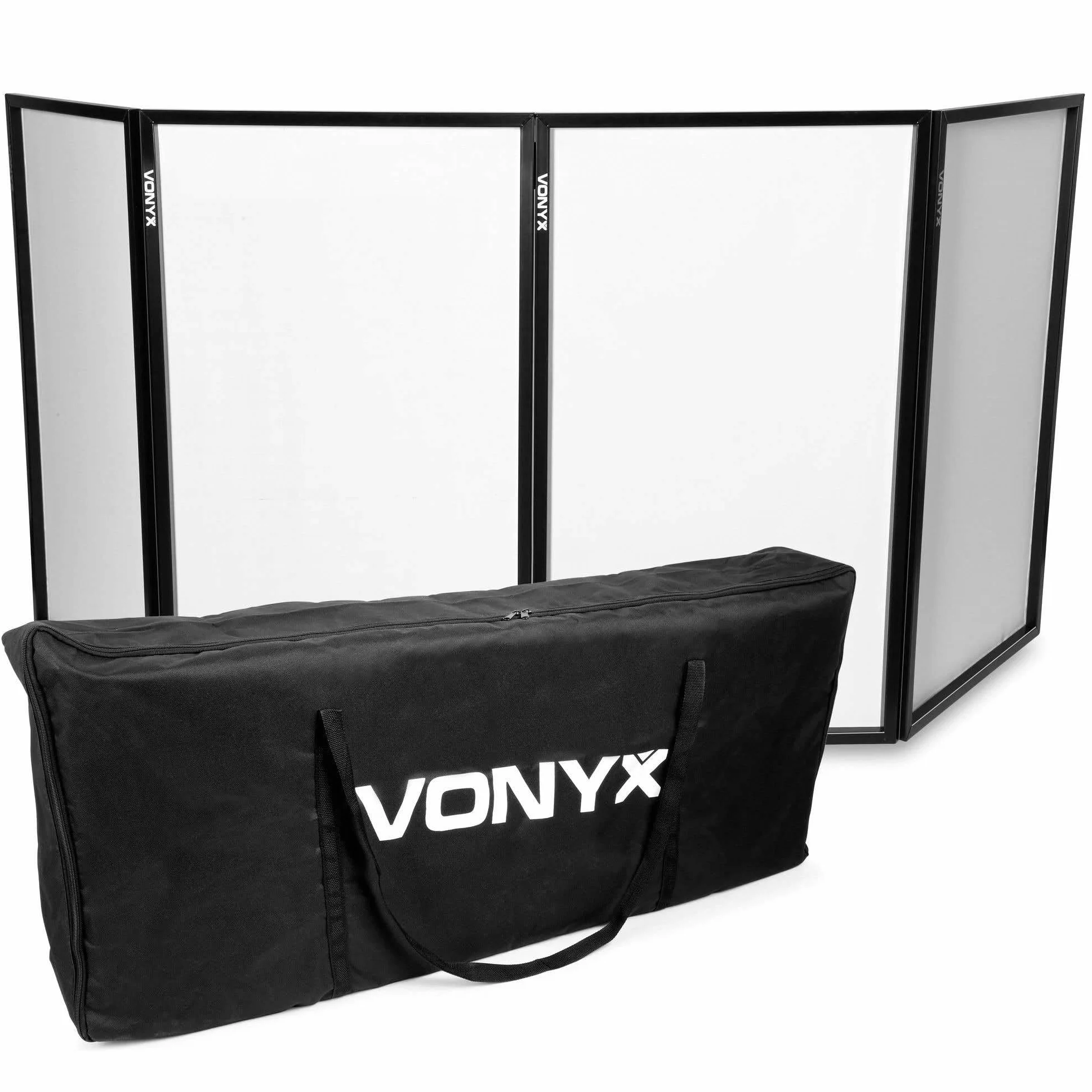 Vonyx DB2 Pantalla DJ Profesional - 4 Paneles Plegables de 70x120 cm, Incluye Paños de Lycra Blancos y Bolsa de Transporte, Acero Negro, Diseño Compacto para DJs Móviles y Eventos