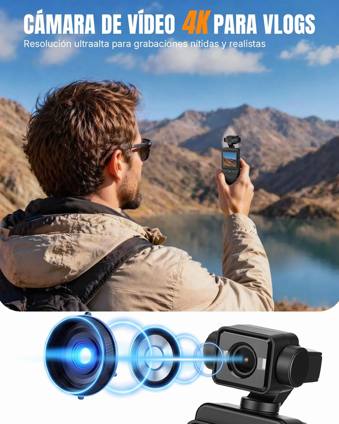 Cámara Deportiva 4K, Mini Body CAM con Camara Corporal Lente Giratoria de 270°， POV Videocámara por Vlog para Deportes, Viajes y Vlogging