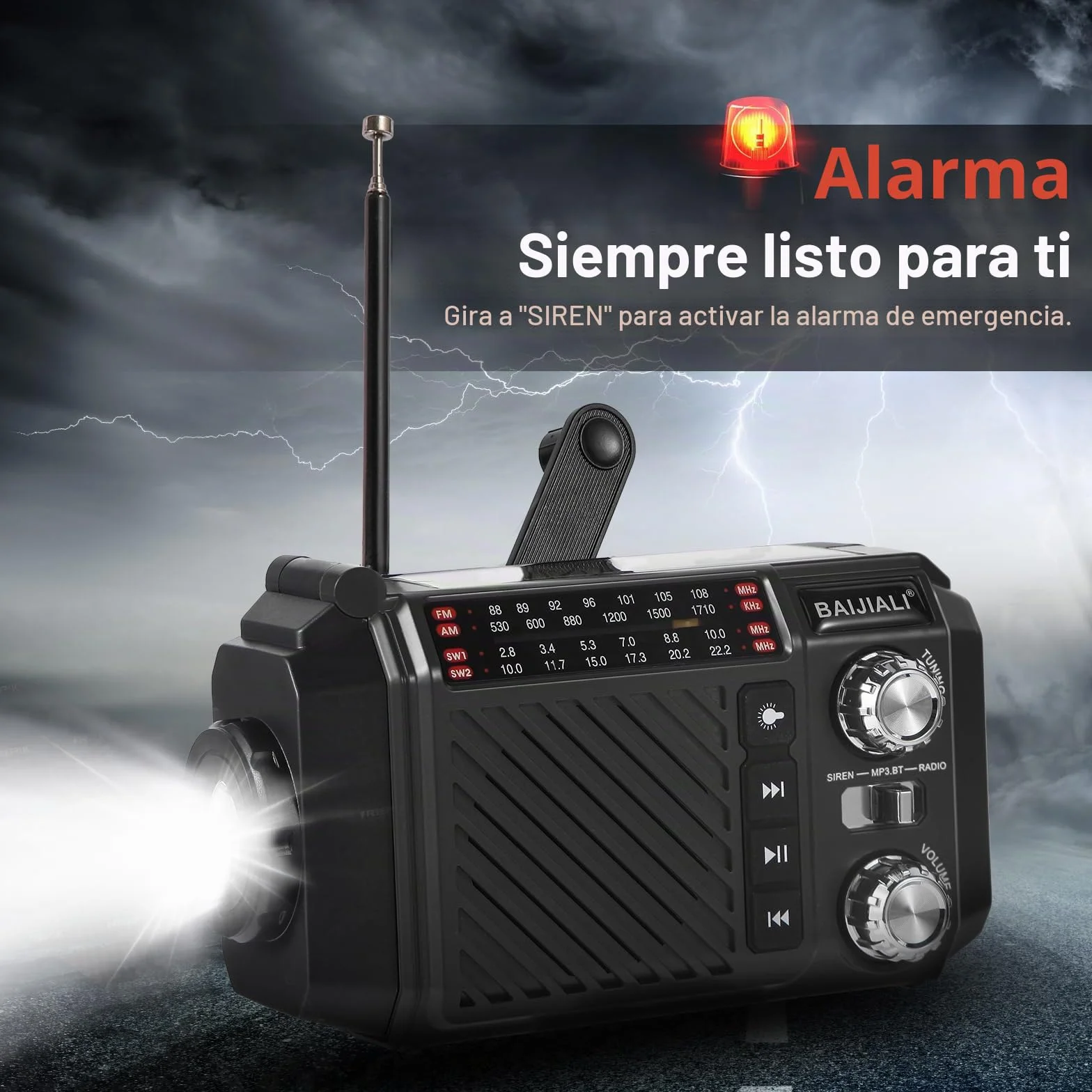 Radio de Emergencia con Manivela y Solar, Radio Portátil Pequeña Am/FM/SW, Linterna LED, SOS, Power Bank 2600mAh Recargable para Supervivencia y Camping - Negro