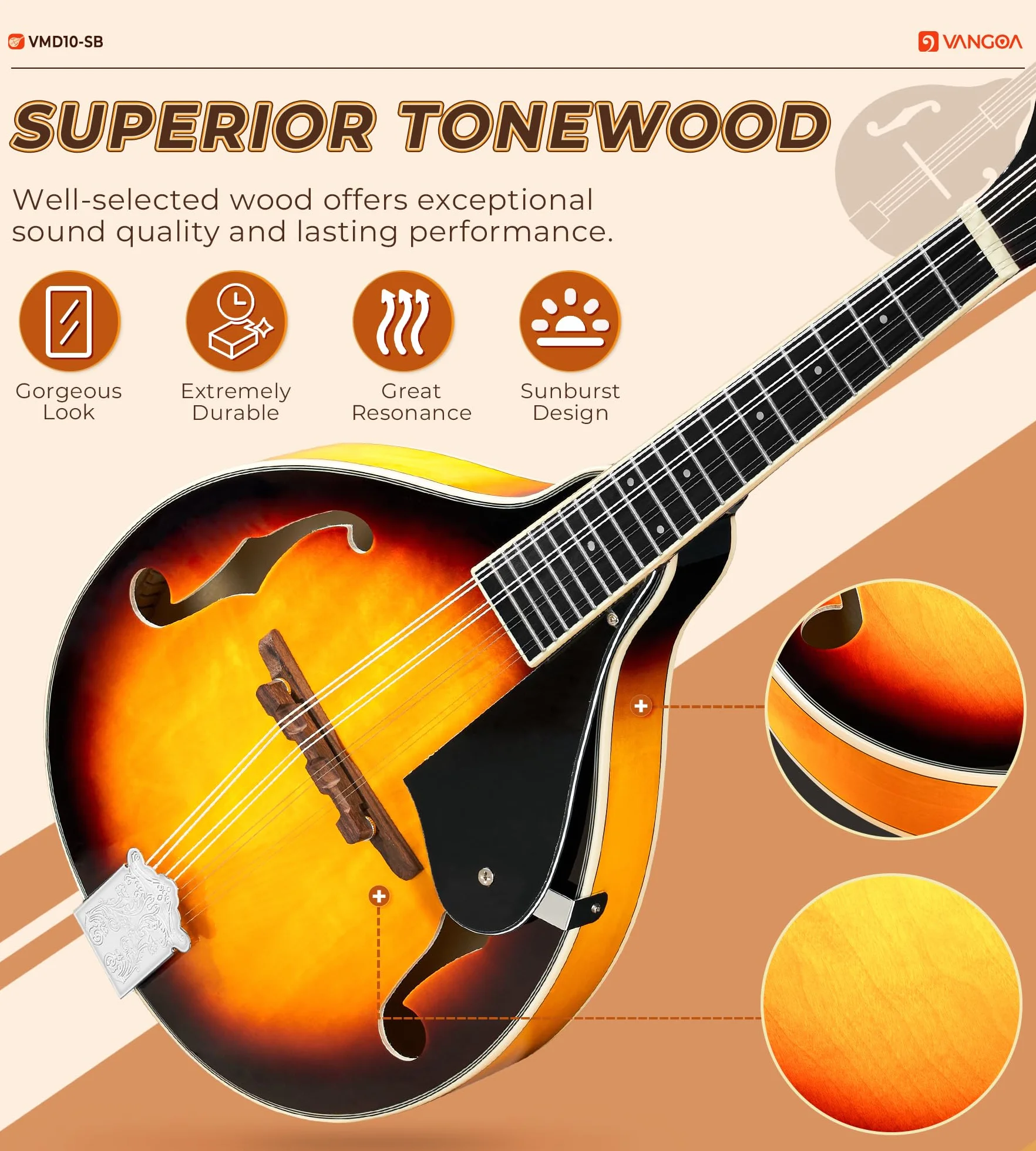 Vangoa Mandolina de 8 Cuerdas Acústica A-Estilo Tradicional Bluegrass Instrumento de Mandolinas para Principiantes, Sunburst
