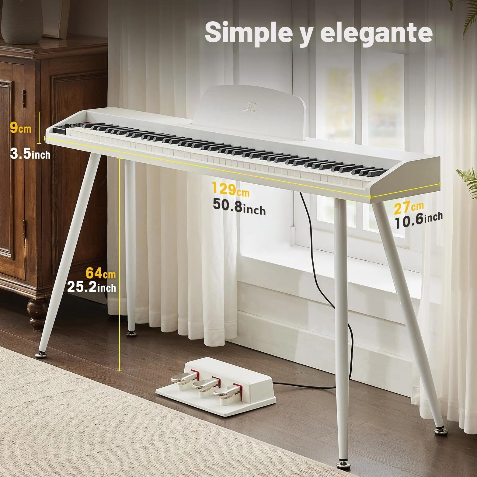 MUSTAR Piano digital de 88 teclas para principiantes, tamaño completo con 3 pedales, piano electrónico portátil, piano digital doméstico con USB MIDI y soporte, color blanco