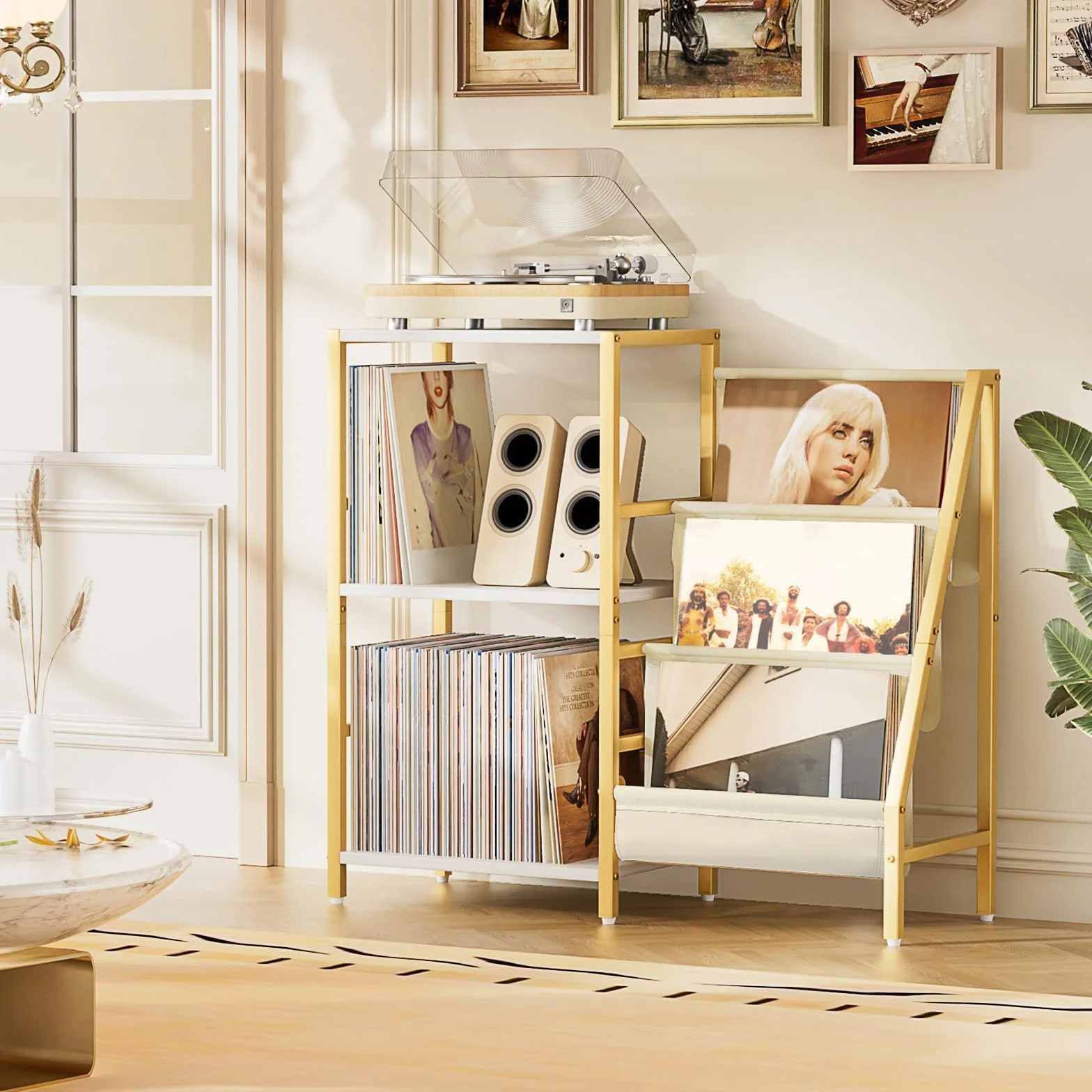 Bikone Mueble para Tocadiscos con 3 Niveles Almacenamiento de Vinilos – Mesa Giradiscos con Estante Expositor, Capacidad para 200 Discos, Consola de Medios para Estéreo y Equipos de Audio (Dorado)