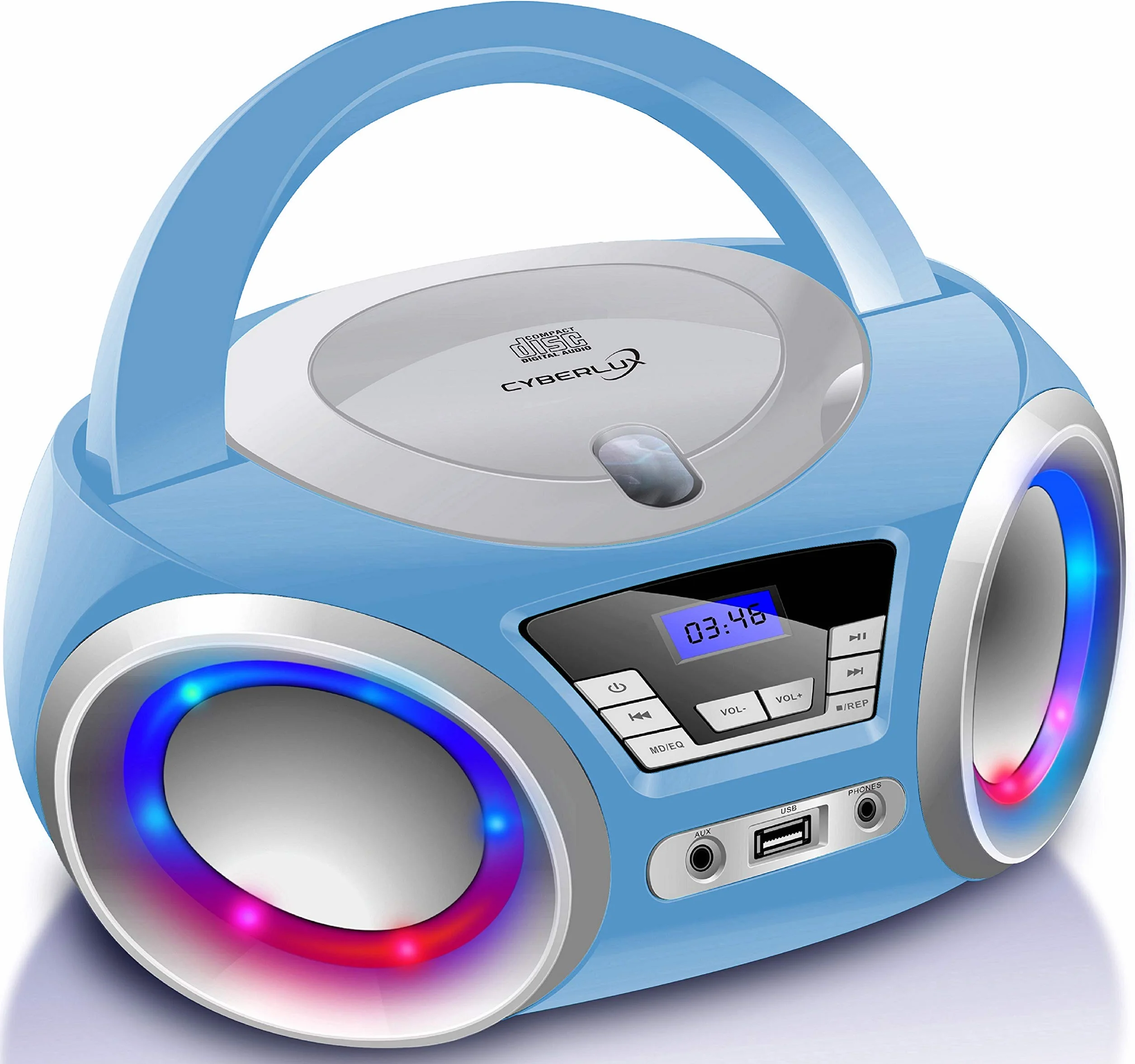 Reproductor de CD con iluminación LED | Toma para Auriculares | Radio estéreo portátil | Radio Infantil | estéreo | USB | Reproductor de CD/MP3 | Radio FM | Conector para Auriculares | Entrada AUX