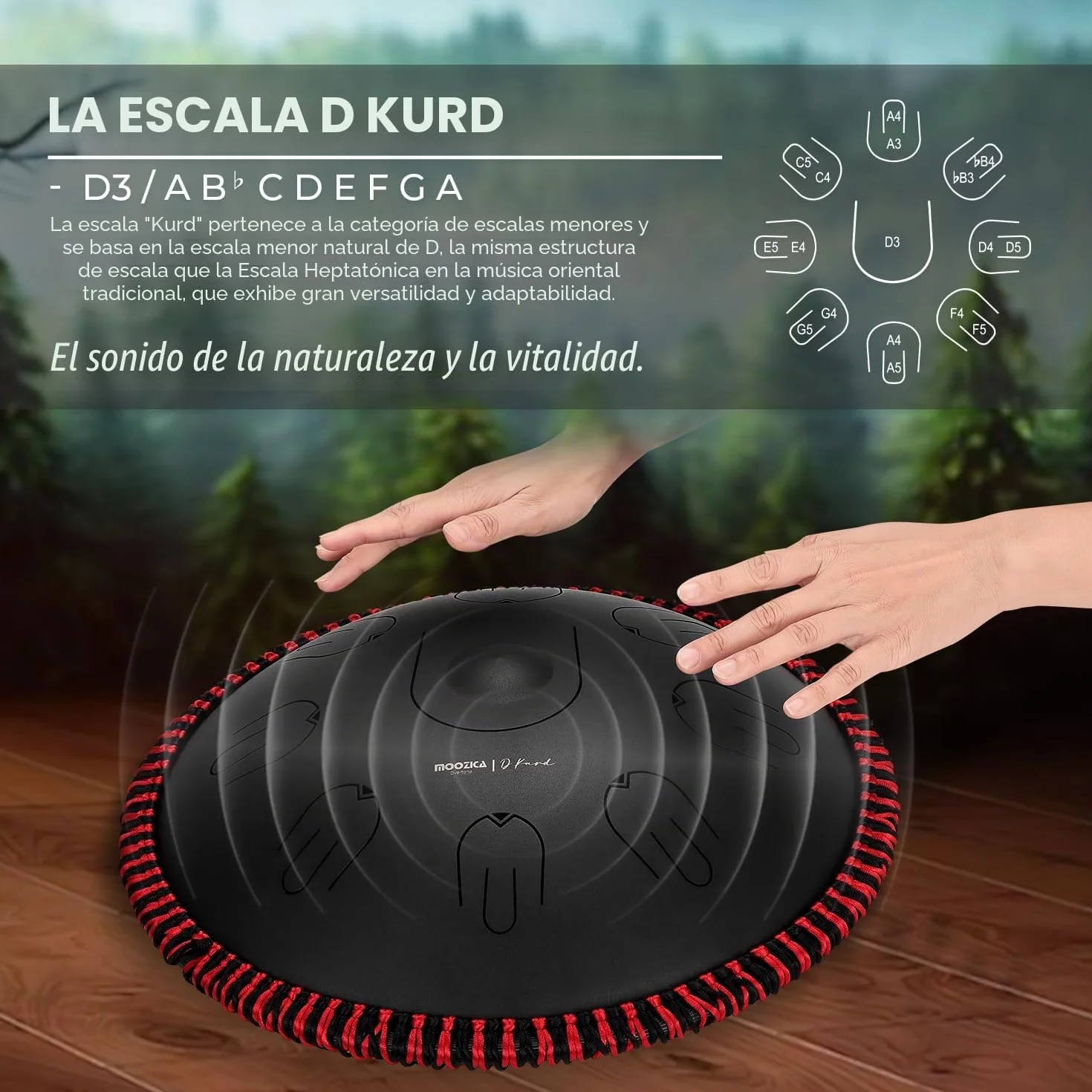 MOOZICA Steel Handpan Tongue Drum, 14 Pulgadas 17 Notas en D Minor con Diseño de Sobretono de Octava, Instrumento de Percusión de Tambor Manual con Bolsa de Transporte (D kurdo, negro)