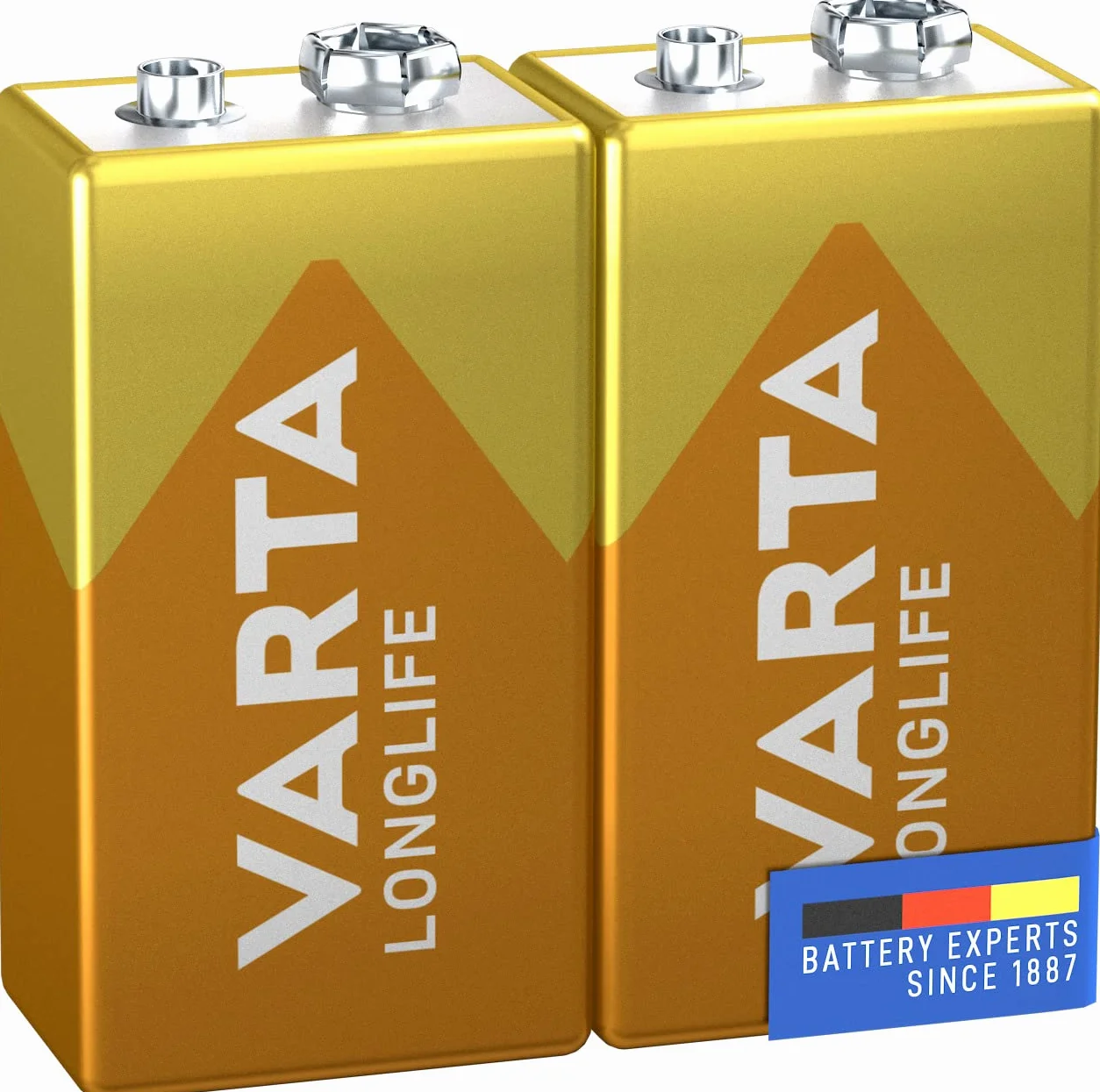 Varta Pila de 9 V Longlife 6LR61 (paquete de 2 unidades), pilas alcalinas E-Block, adecuados para los detectores de incendios, detectores de humo, afinadores