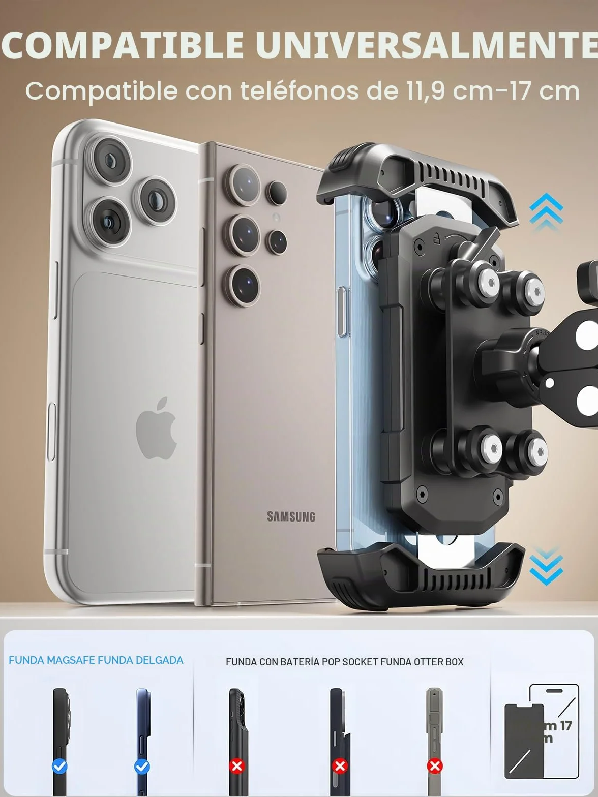 tounee Soporte para teléfono de Motocicleta Doble Amortiguador de Vibraciones Clip de Manillar sin Herramientas Cierre Seguro para iPhone 16/15 Pro MAX 4.7-6.7" Negro