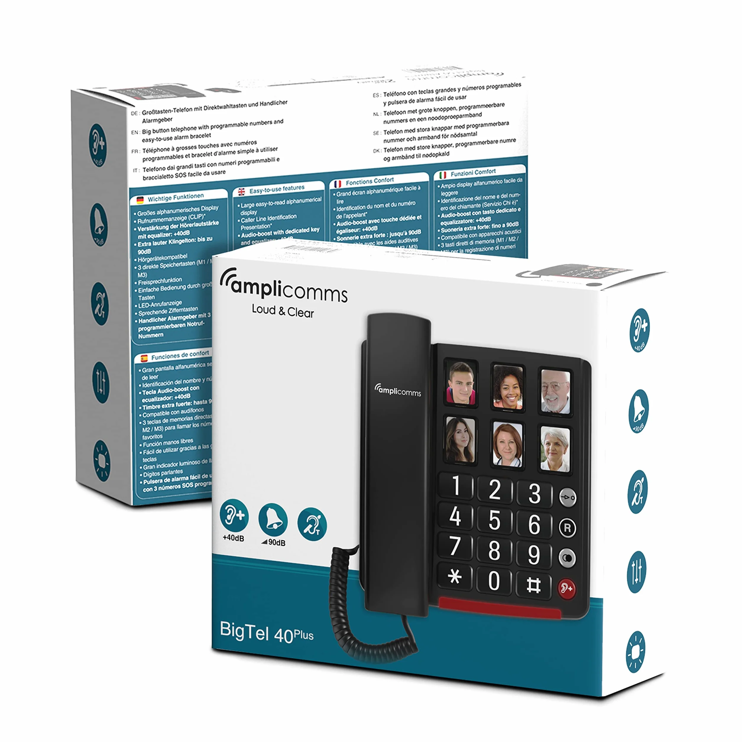 Amplicomms BigTel 40 Plus, Teléfono con Botón Grande con Cable, Seis Botones de Marcación Directa con Foto, Audio Boost 40dB, Tonos de Llamada Extra Fuertes, Compatible con Audífonos