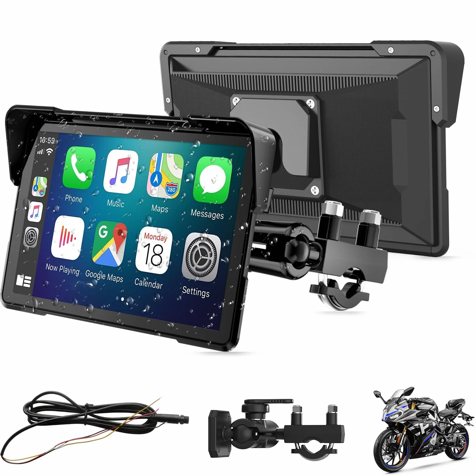 7 Pulgadas Pantalla Carplay de Motocicleta, IPX67 Impermeable, para CarPlay y Android Auto con Bluetooth Dual, Control de Voz, GPS, Detección de Presión de Neumáticos