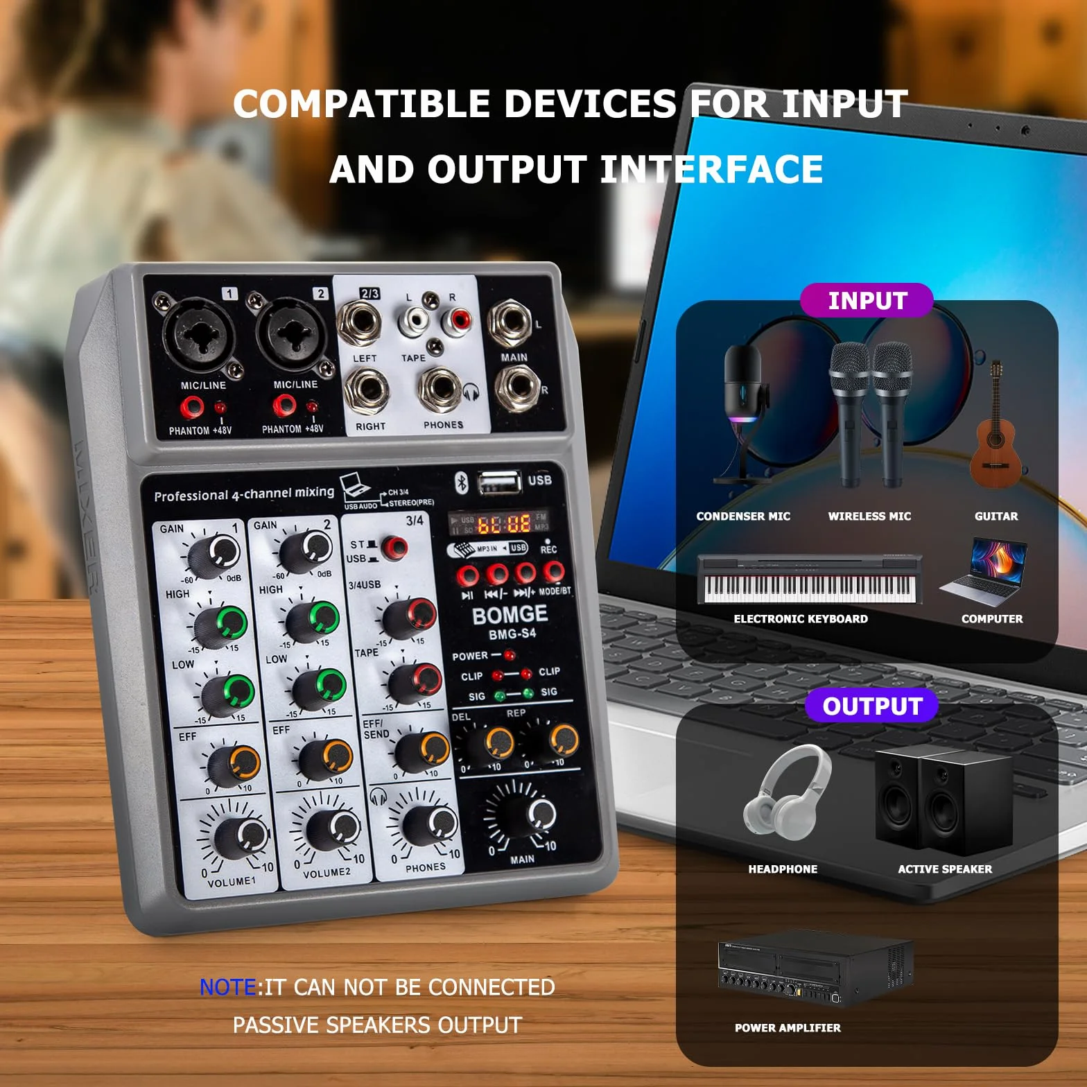 BOMGE Mezclador de audio profesional, consola de mezcla de placa de sonido con 4 canales digitales USB Bluetooth Echo Delay, entrada de 48 V Phantom Power Stereo DJ mezcladores para grabación