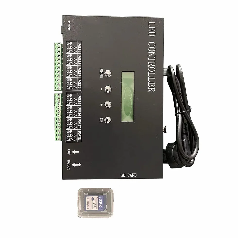 Controlador LED H807SA compatible con Art-Net, soporta un máximo de 8192 píxeles, 8 salidas, con consola DMX o dirección establecida para chips DMX