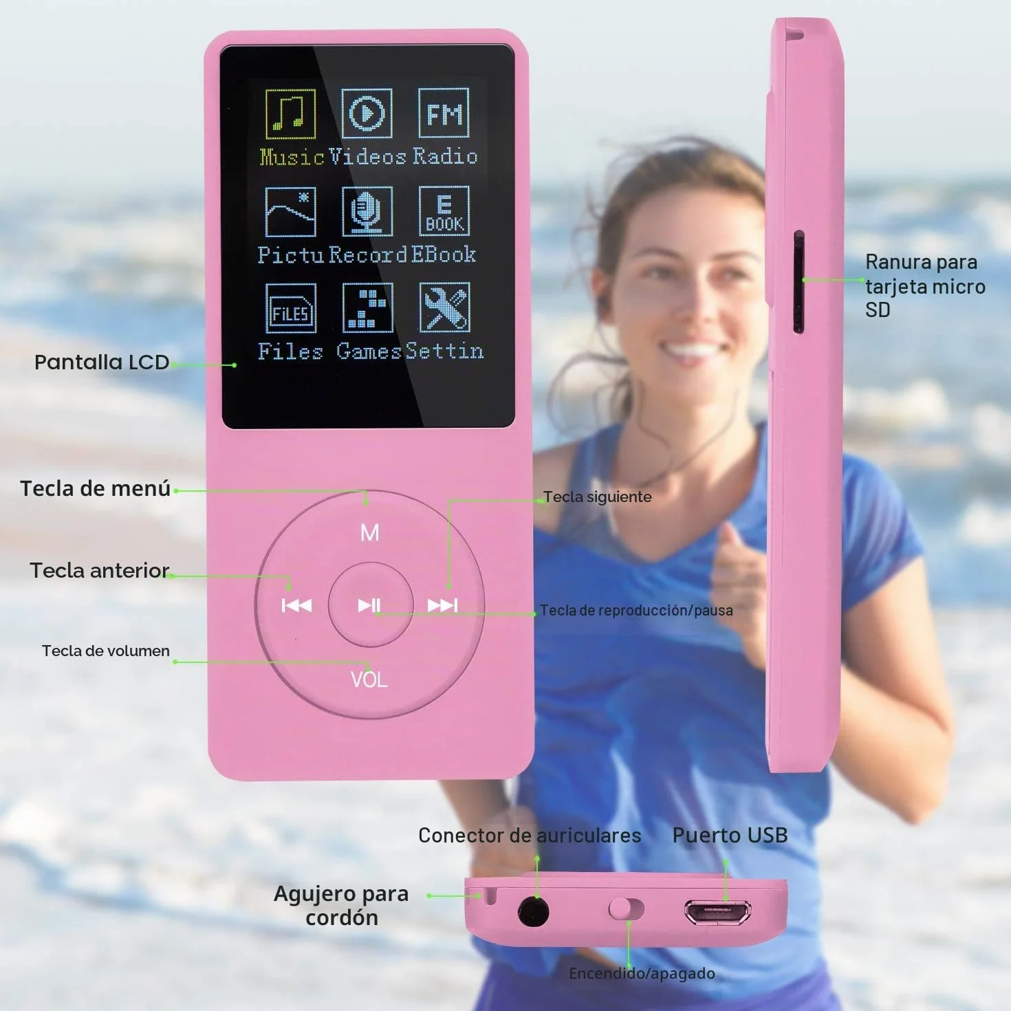 Reproductor MP3 Portátil 8GB con Ranura SD, Música Sin Pérdida, Radio, Grabación, Rosa
