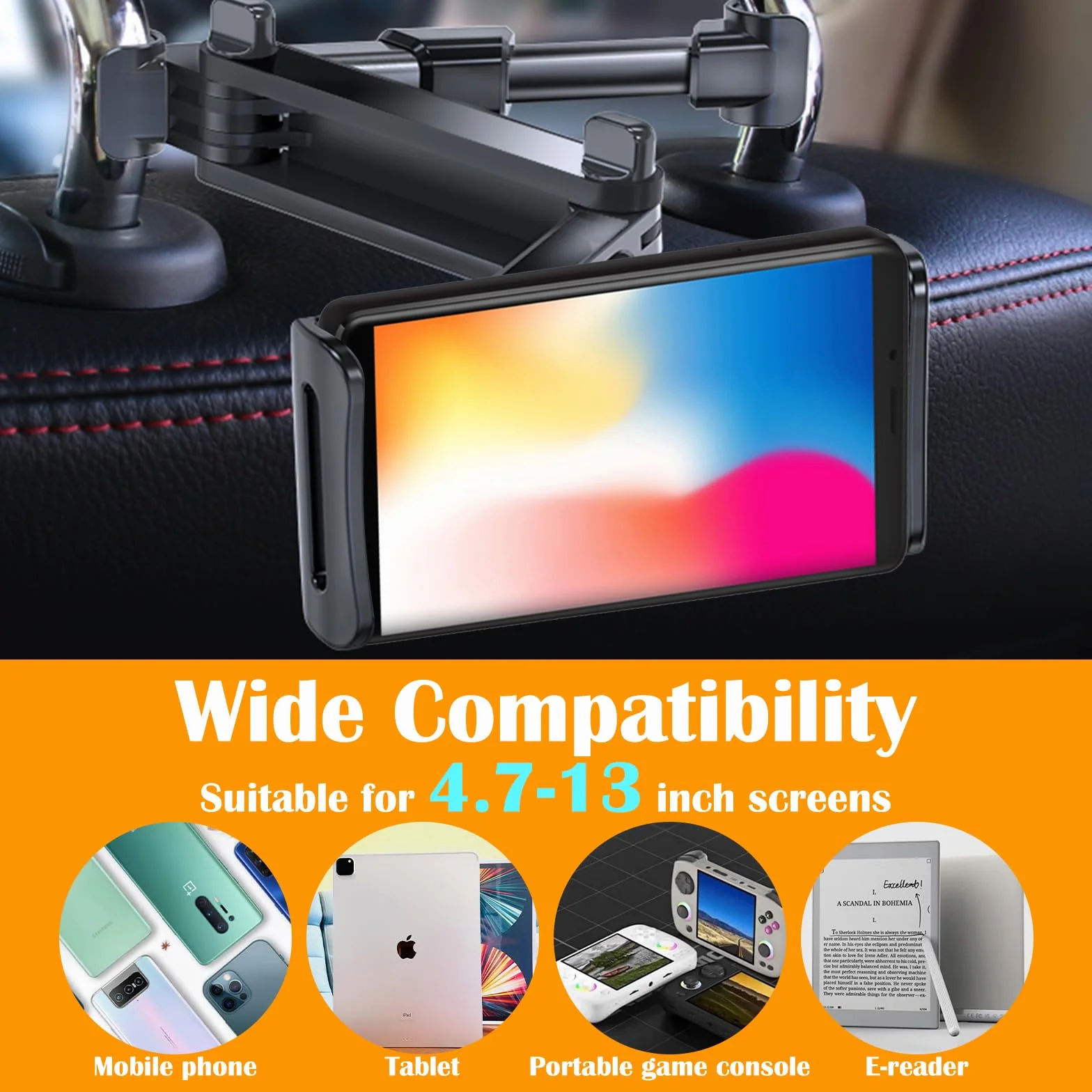 Soporte Tablet Coche Asiento Trasero, Soporte para Tableta en el Reposacabezas con Brazo Telescópico, Rotación 360°, Compatible con iPad, Switch, Móviles 4.7-13 Pulgadas, Negro