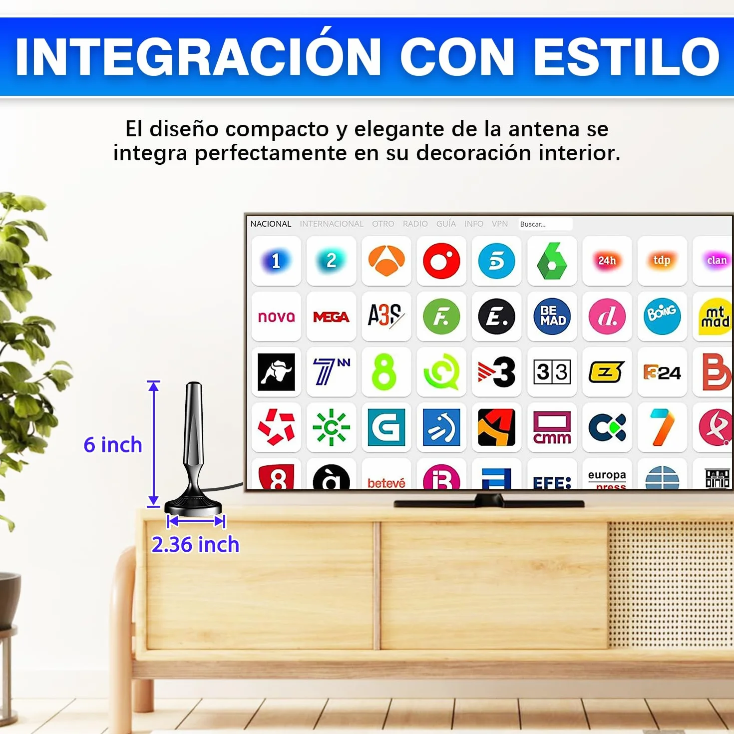 Antena TV Interior HD Potente para Smart TV – Antena TDT Digital Omnidireccional 360°, Base Magnética, DVB-T2/DVB-T, 4K/1080P